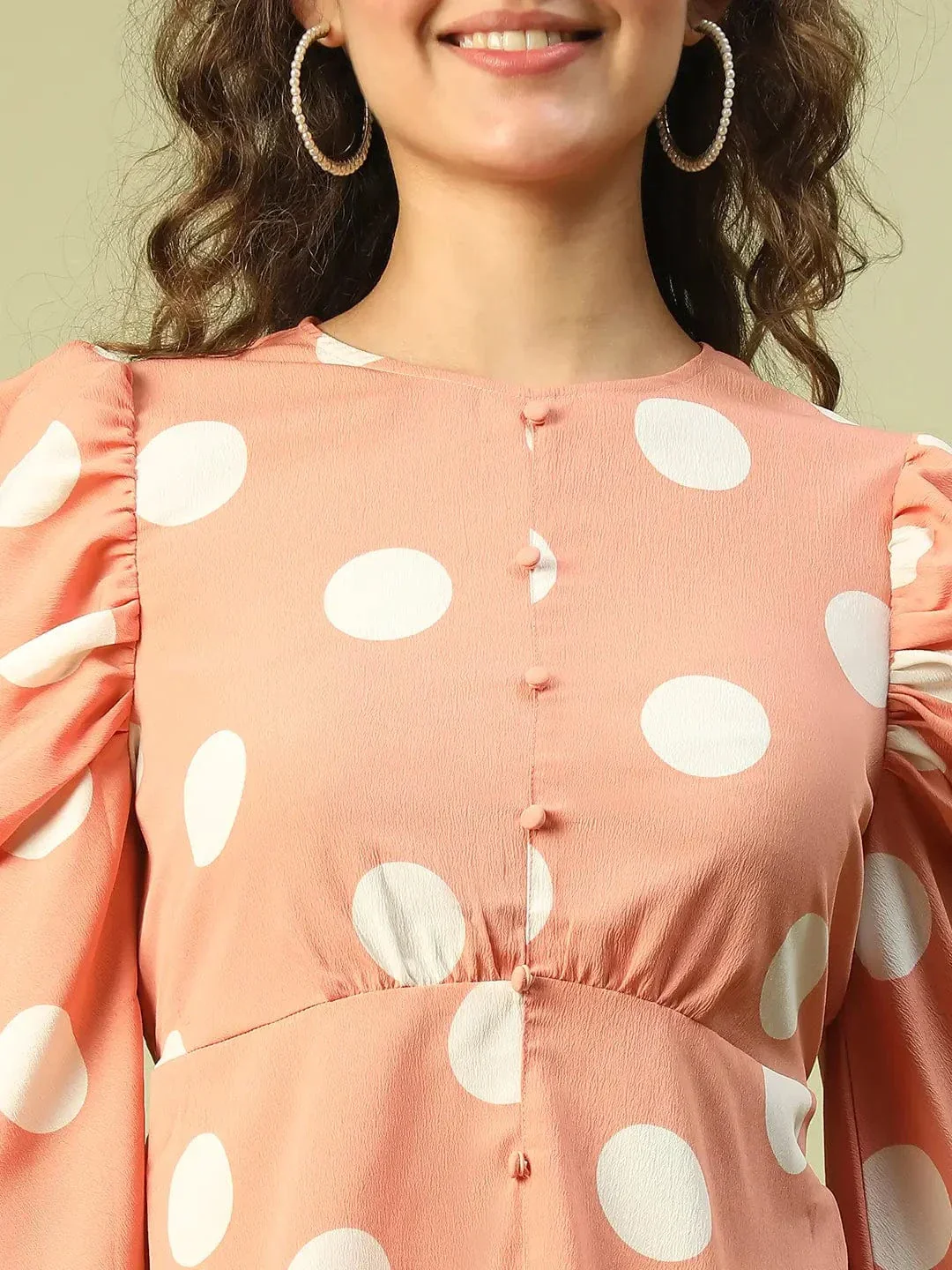 Women Peach Polka Dot Print Long Sleeve Round Neck Gathered Detail Above Knee Length Dress - Image 6