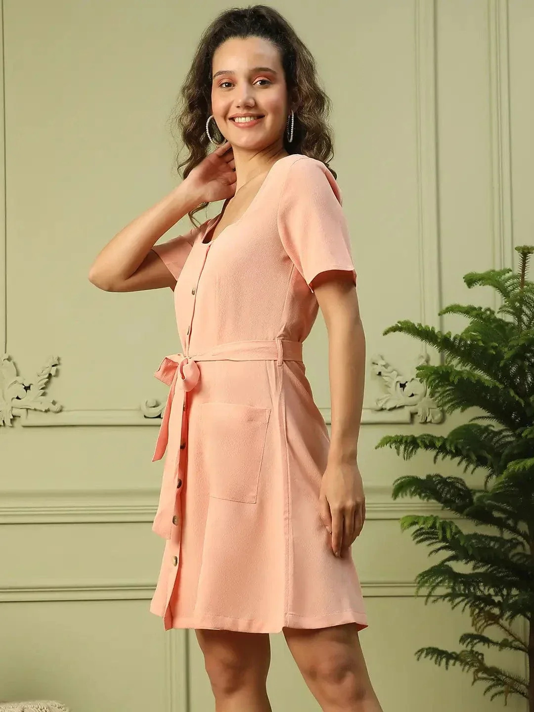 Women Peach Round Neck Short Sleeve Button Down Dress With Pocket Detail and Tie Knot Waist Belt - Image 3