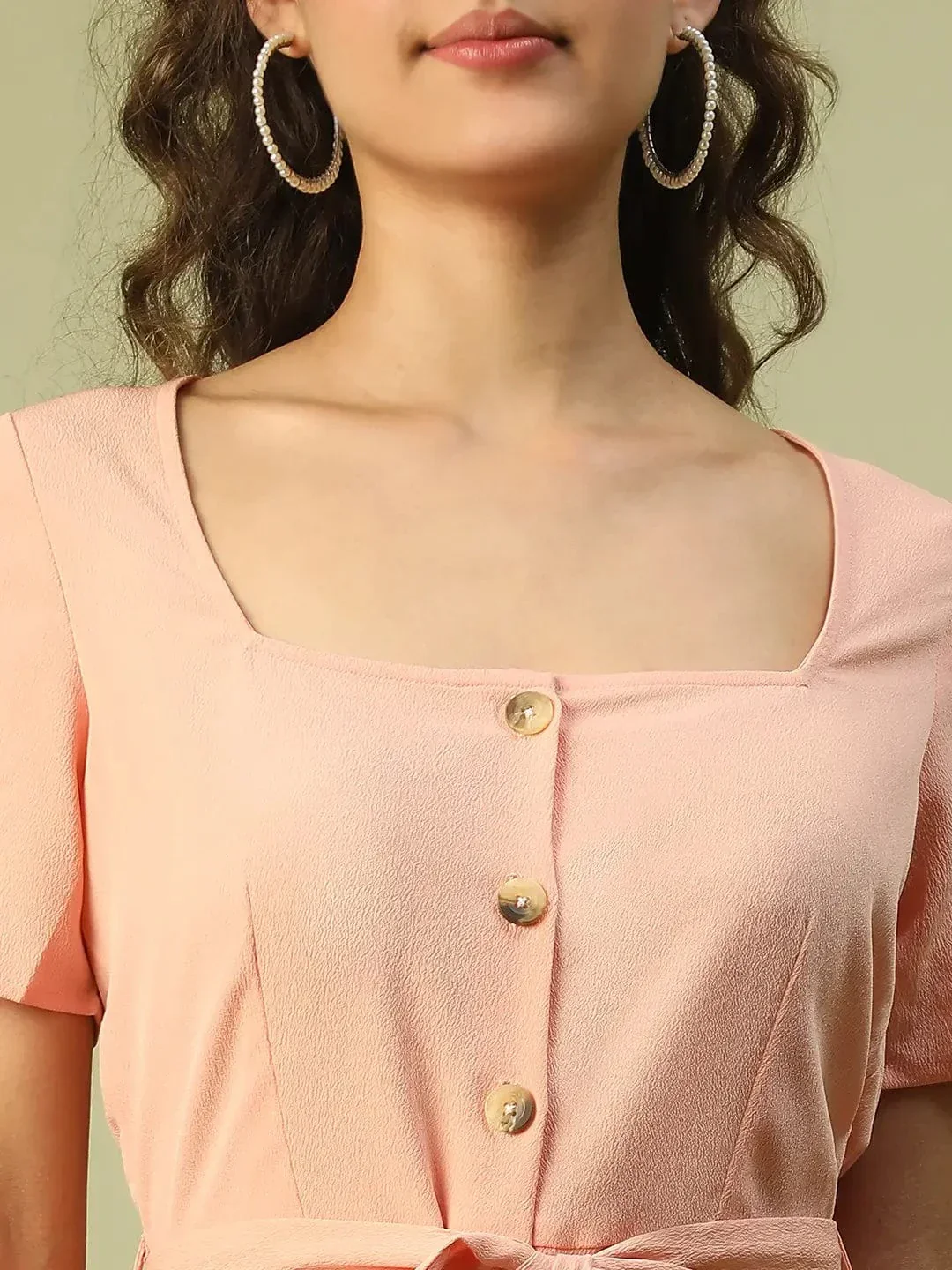 Women Peach Round Neck Short Sleeve Button Down Dress With Pocket Detail and Tie Knot Waist Belt - Image 6