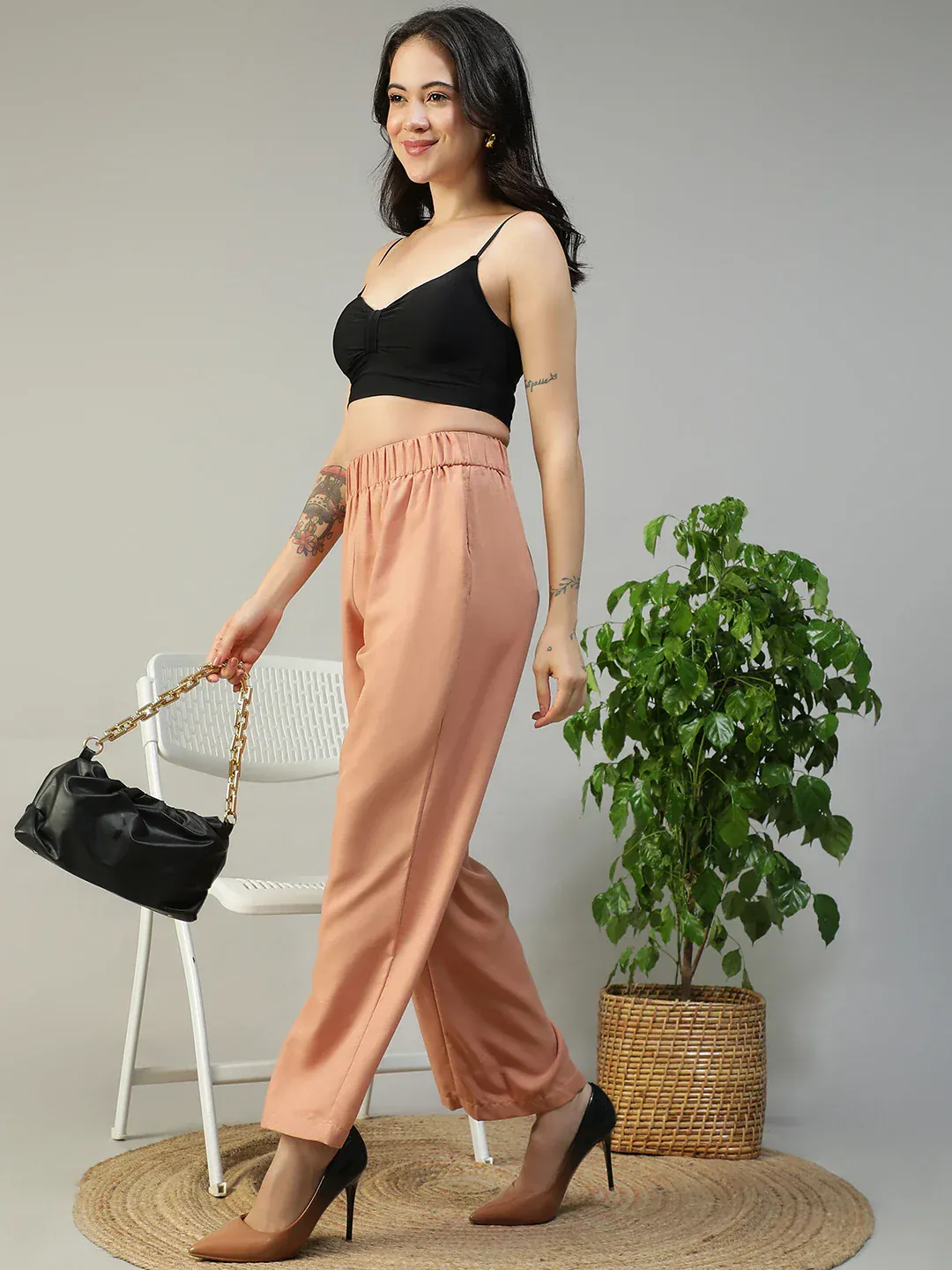 Women Peach Straight Pants with Side Pockets - Image 3