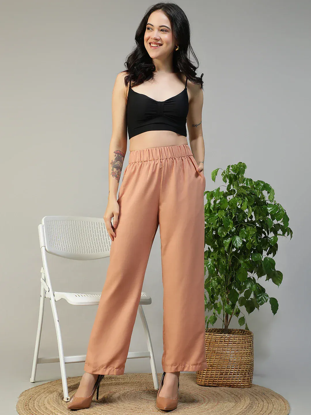Women Peach Straight Pants with Side Pockets - Image 4