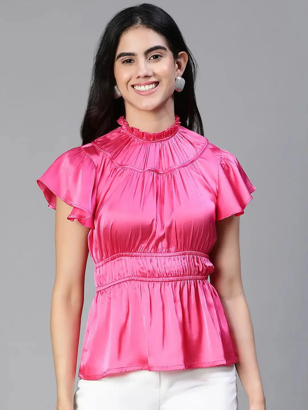 Women Pink Round Neck Ruffle Elasticatedsatin Party Top