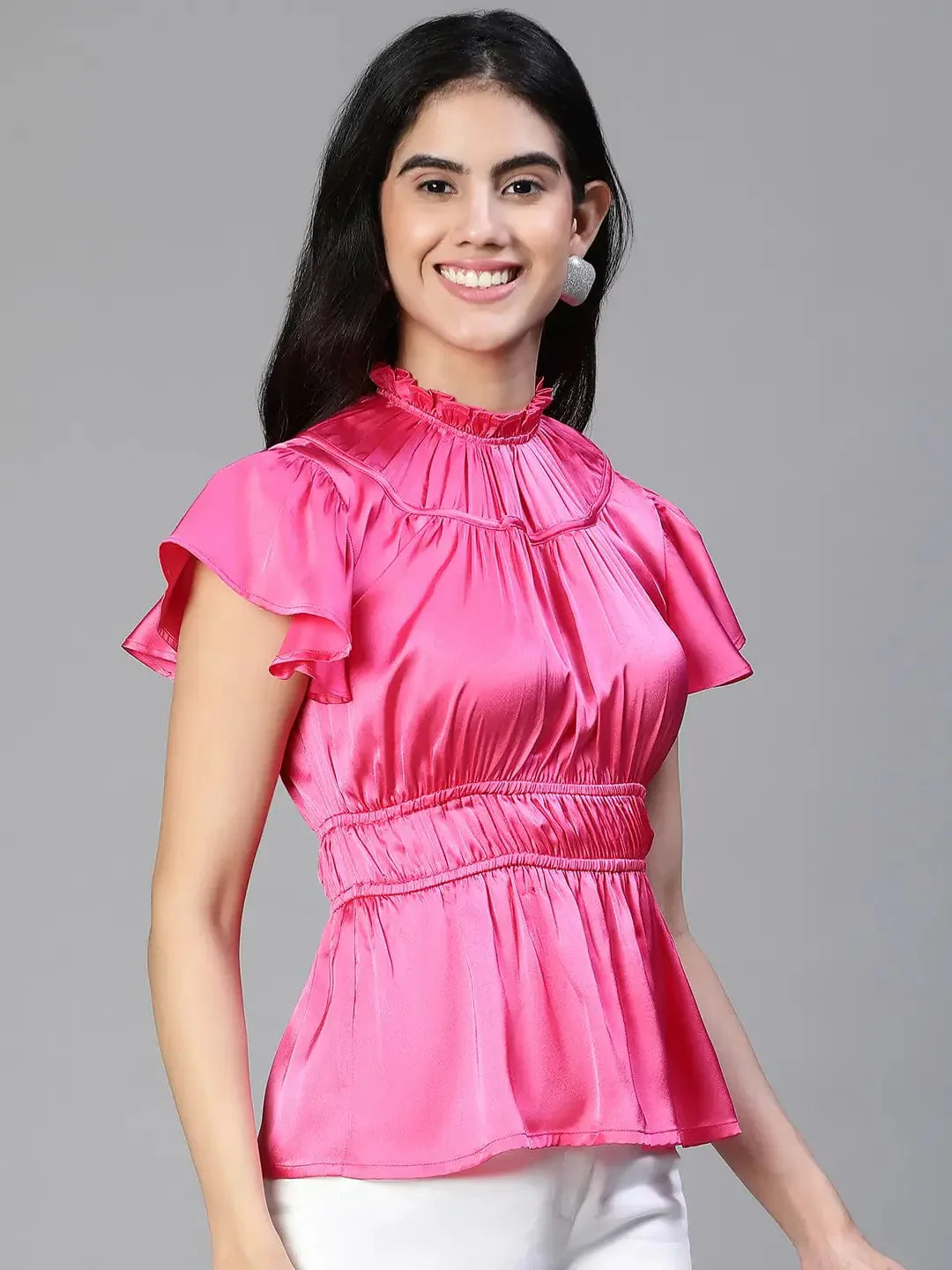Women Pink Round Neck Ruffle Elasticatedsatin Party Top - Image 4