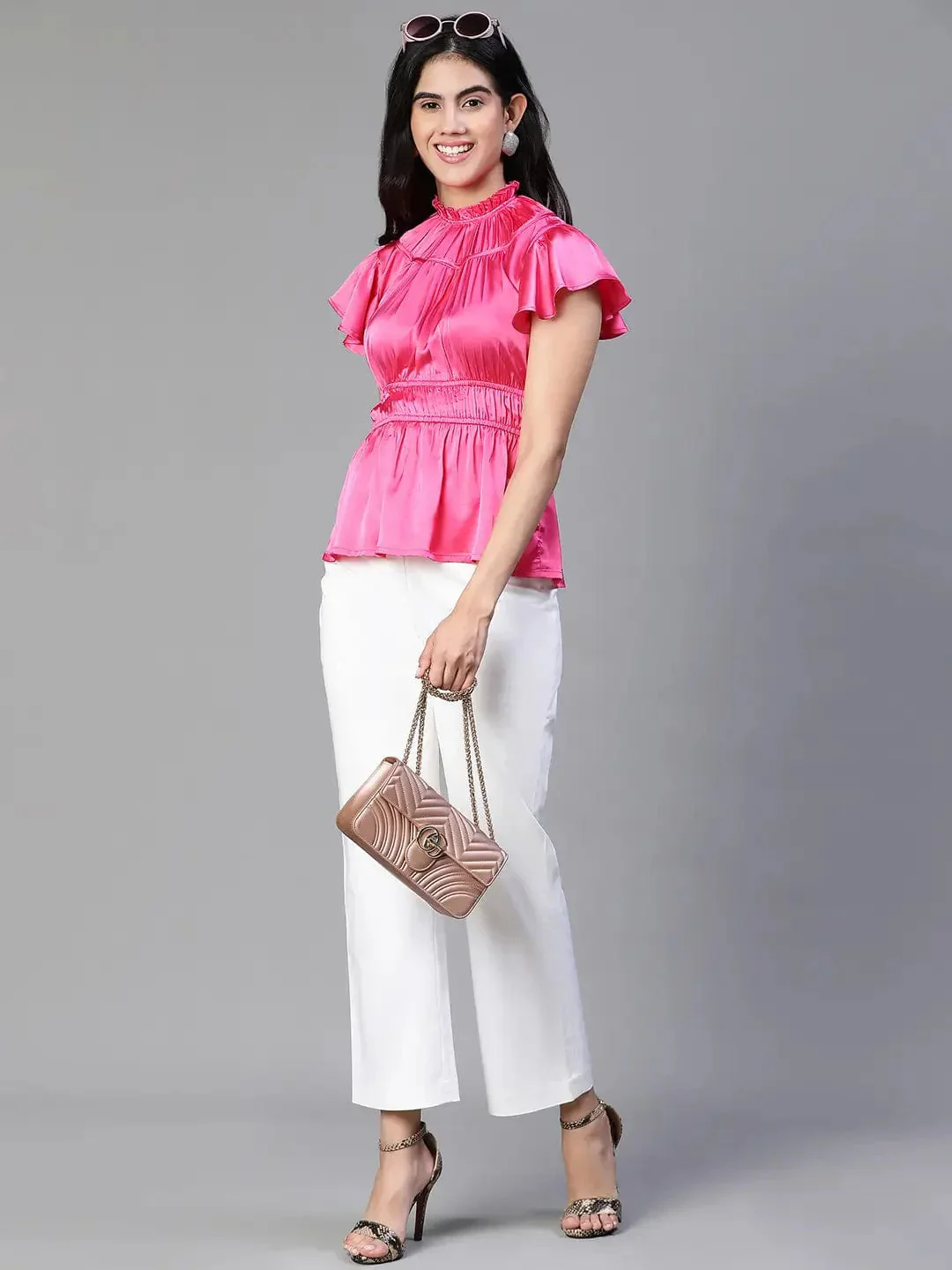 Women Pink Round Neck Ruffle Elasticatedsatin Party Top - Image 8