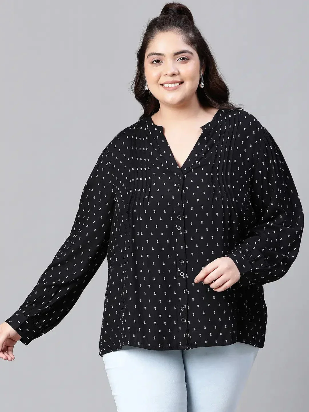 Women Plus Size Black Floral Print V-Neck Long Sleeve Top