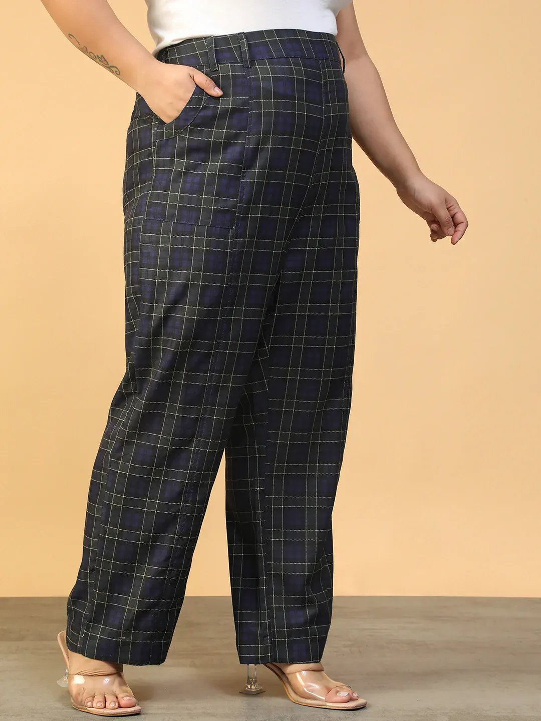 Women Plus Size Blue Check Print Elasticated Pants - Image 3