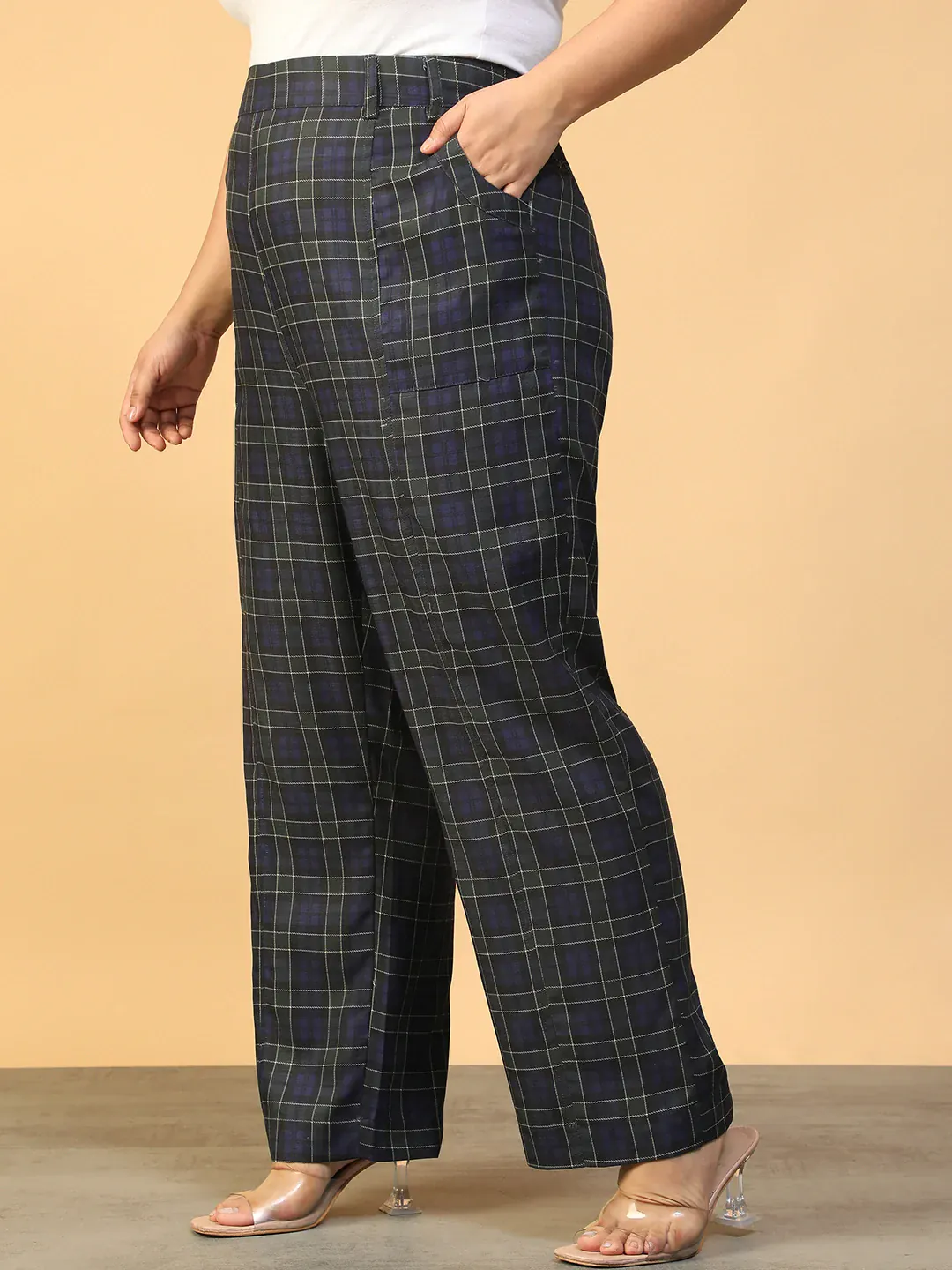 Women Plus Size Blue Check Print Elasticated Pants - Image 4