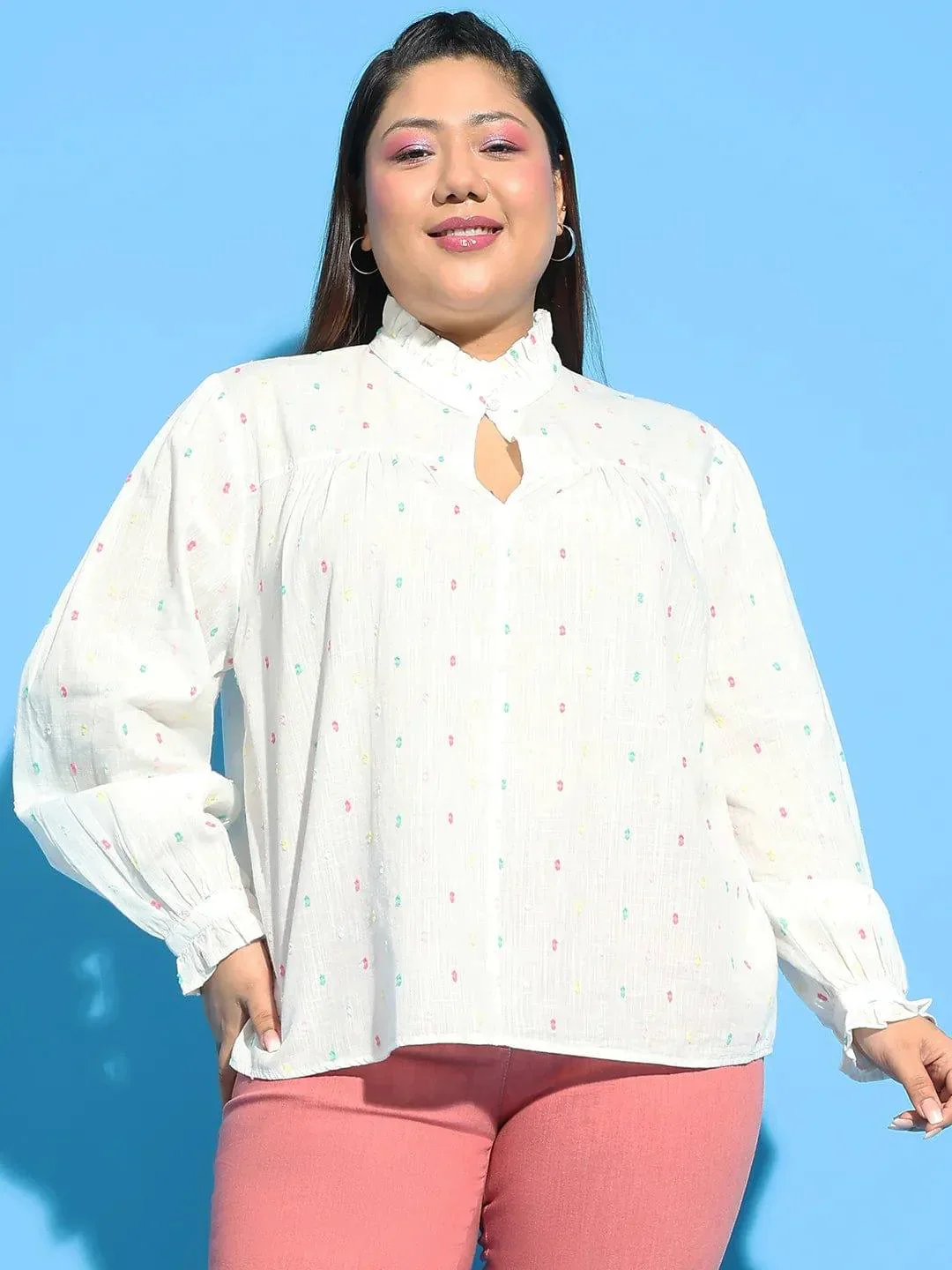Women Plus Size White Round Neck With Button & Keyhole Long Sleeve Dobby Meld Cotton Top