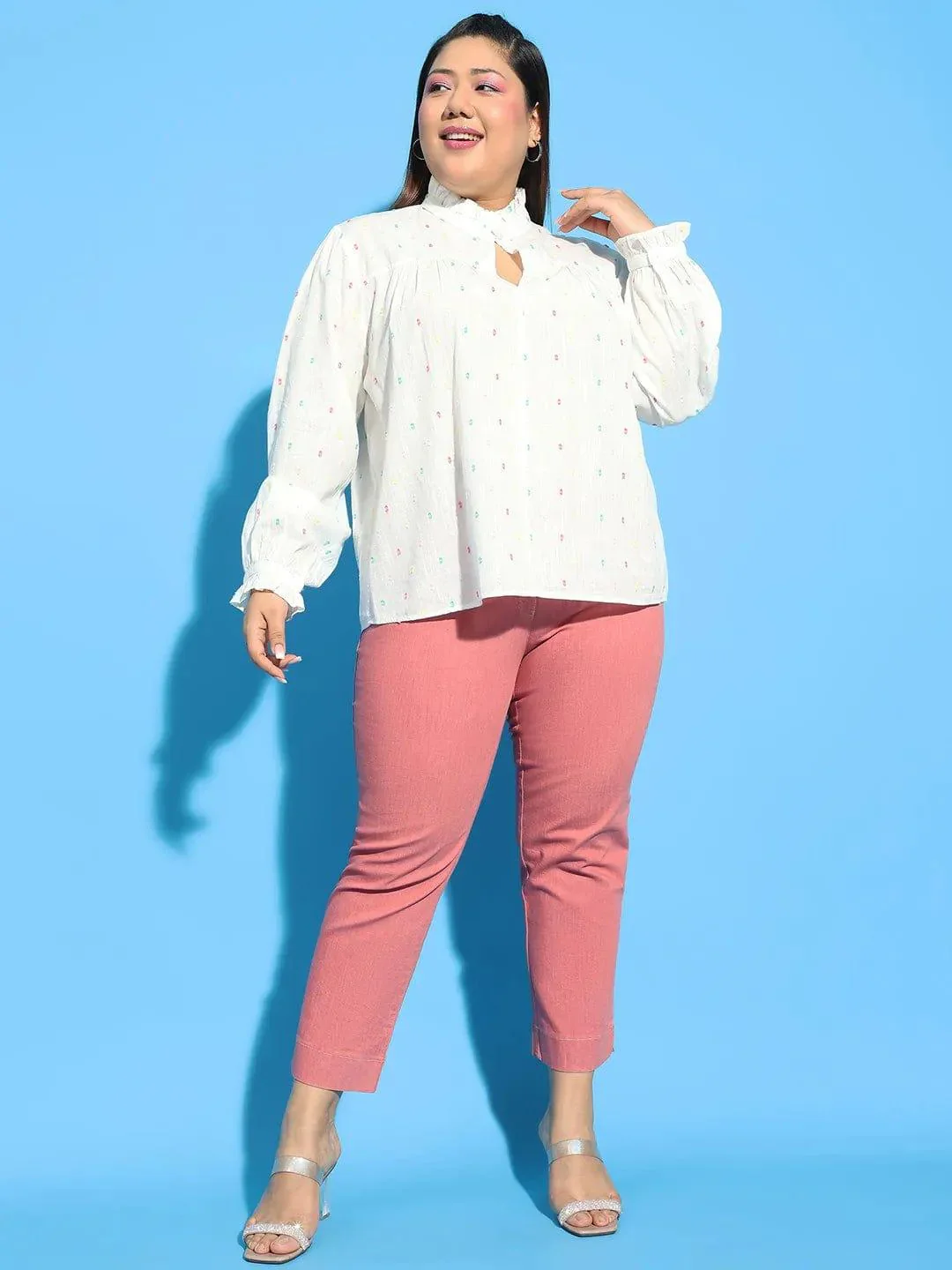 Women Plus Size White Round Neck With Button & Keyhole Long Sleeve Dobby Meld Cotton Top - Image 2