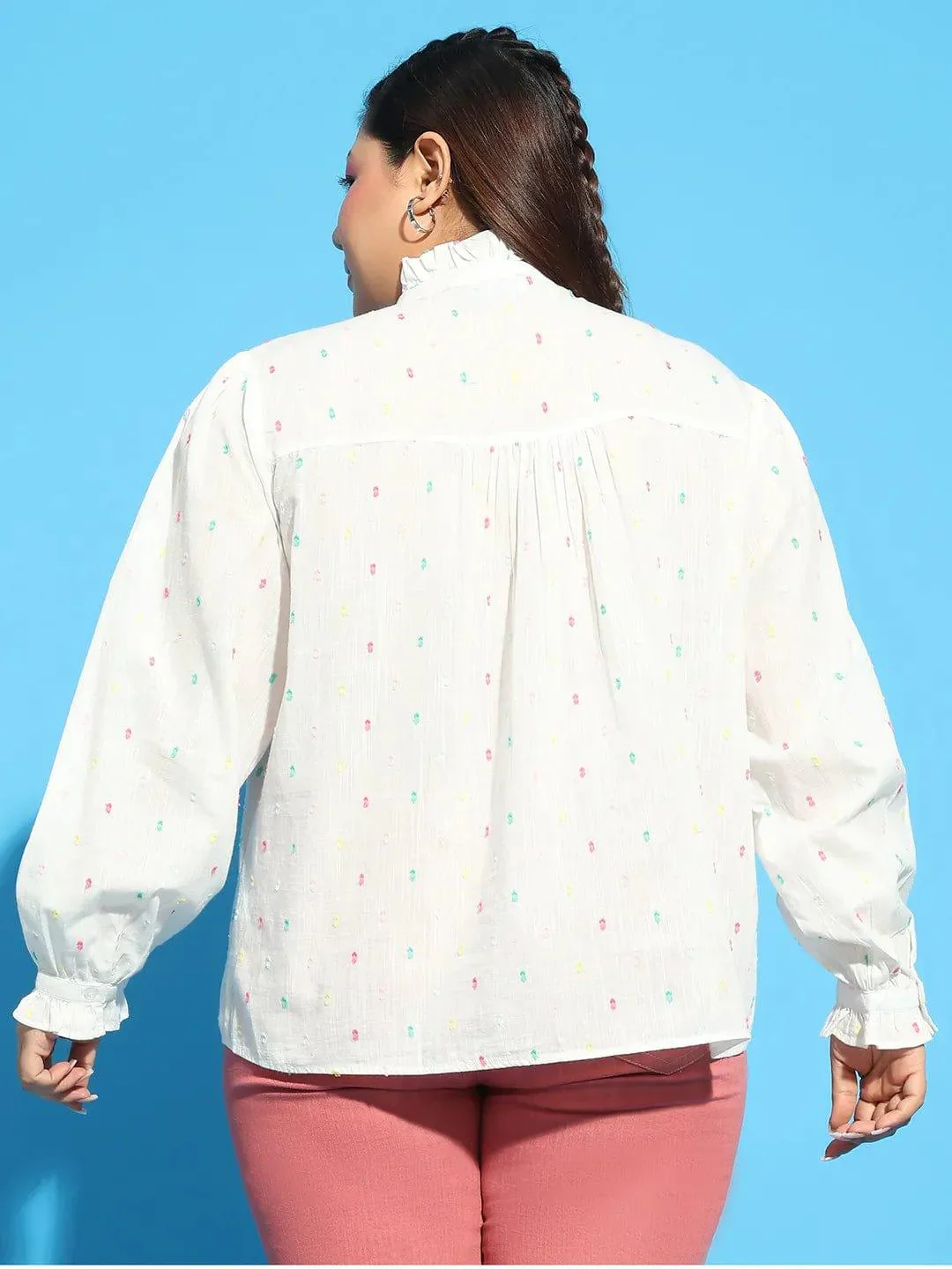 Women Plus Size White Round Neck With Button & Keyhole Long Sleeve Dobby Meld Cotton Top - Image 5