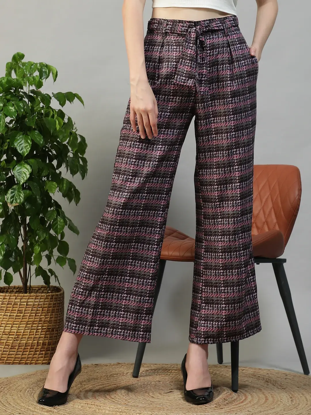 Women Purple Check Print Pants Tie-Up Belt With Pockets - Image 3