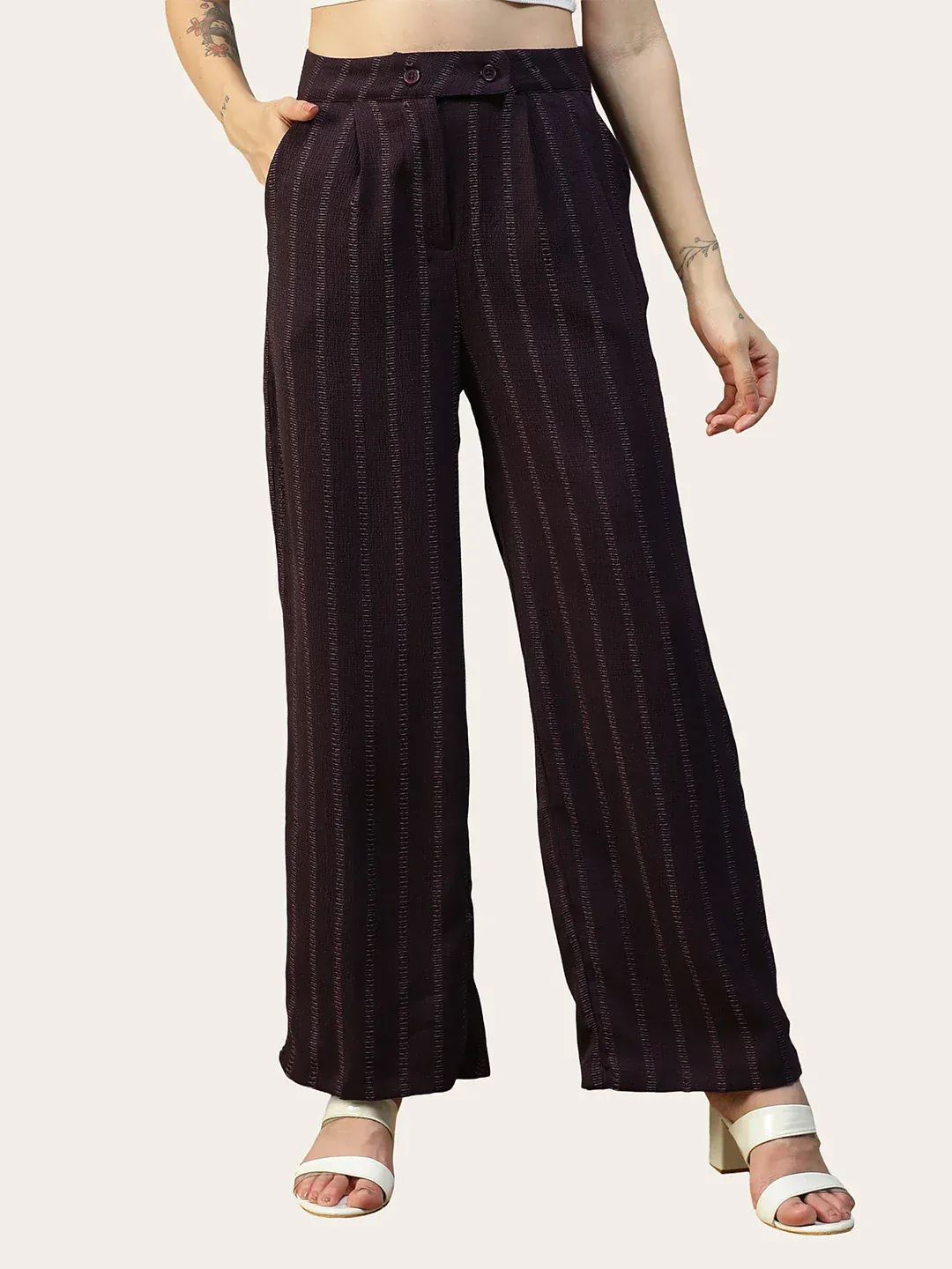 Women Purple Straight Pants with Zip & Button Closure