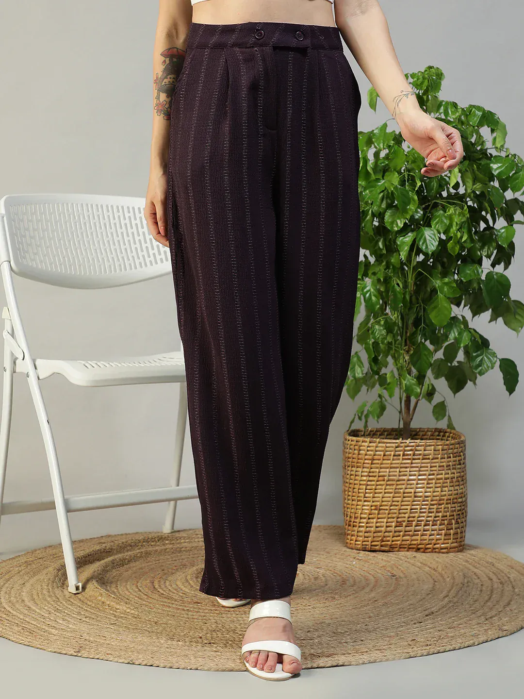 Women Purple Straight Pants with Zip & Button Closure - Image 2
