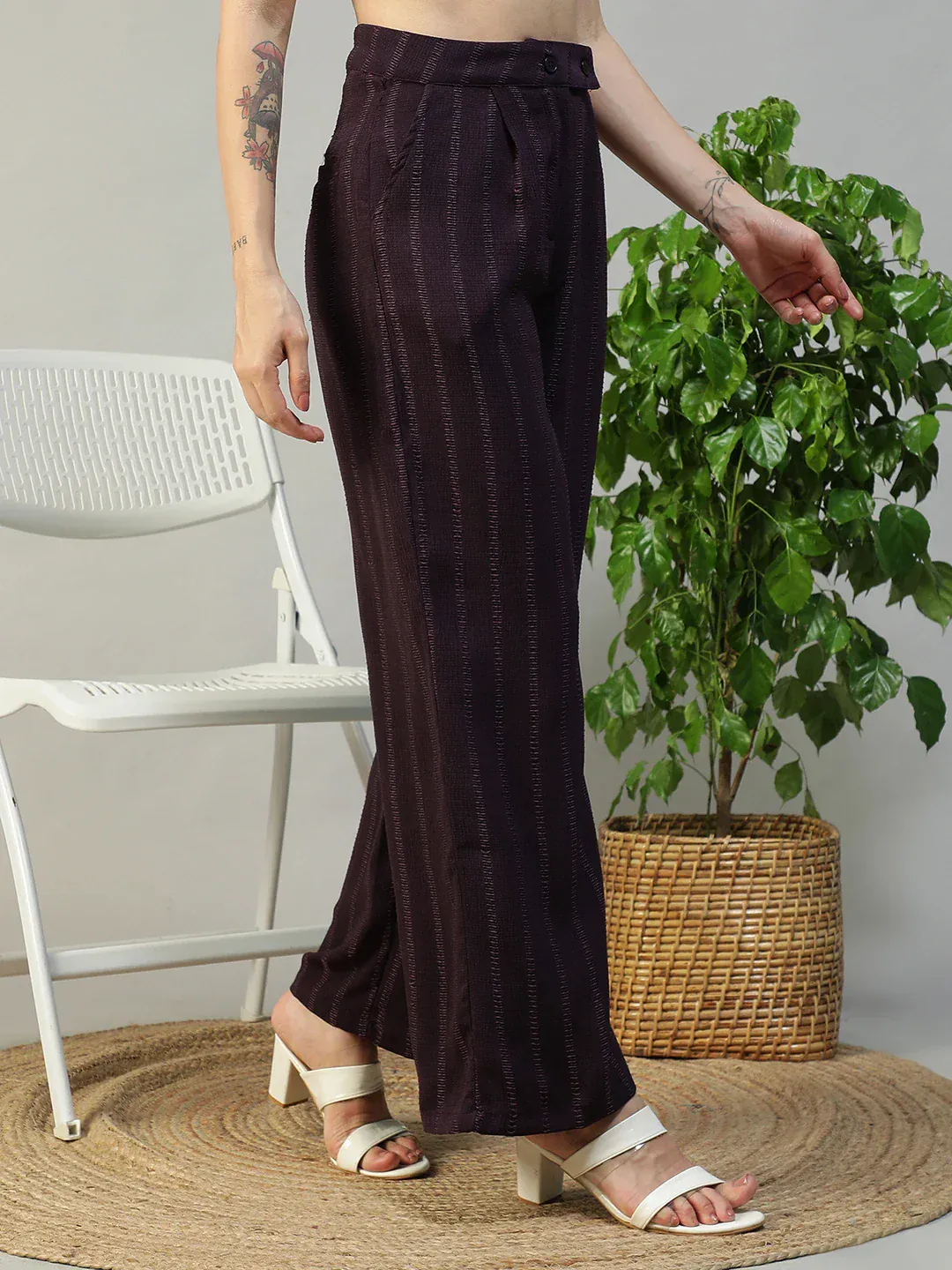 Women Purple Straight Pants with Zip & Button Closure - Image 4