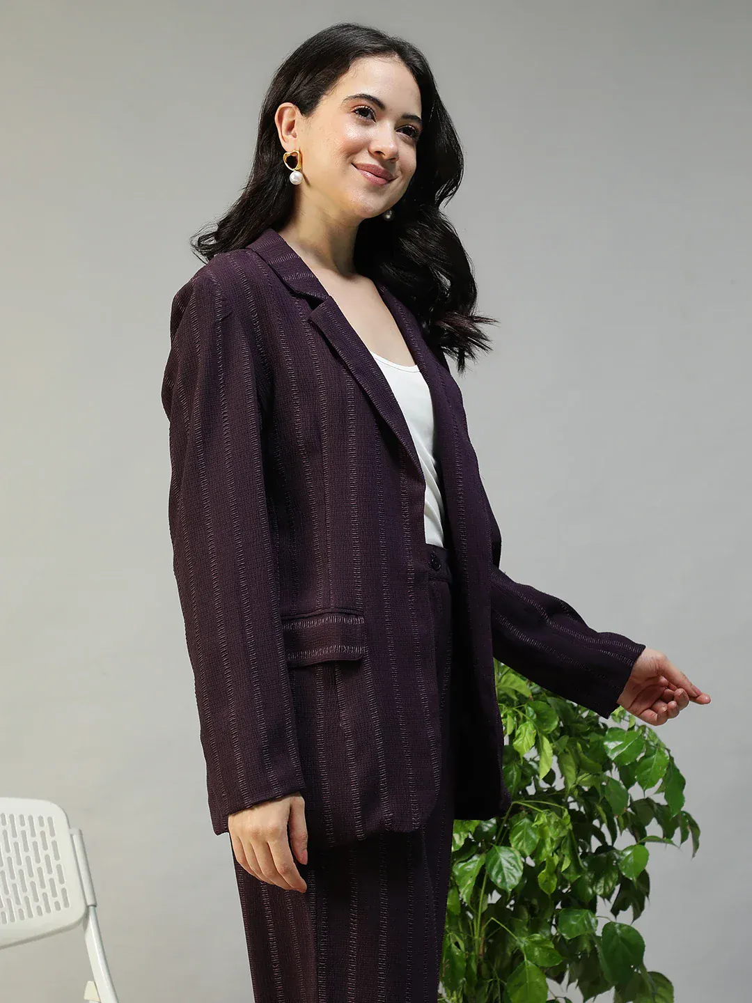 Women Purple Stripe Dobby Button-Down Blazer With Front Pockets | Oxolloxo - Image 5