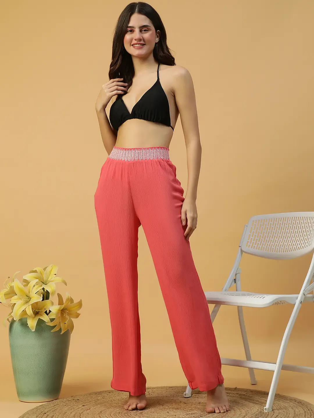 Women Red Elasticated Long Beachwear Relaxed Pant - Image 3