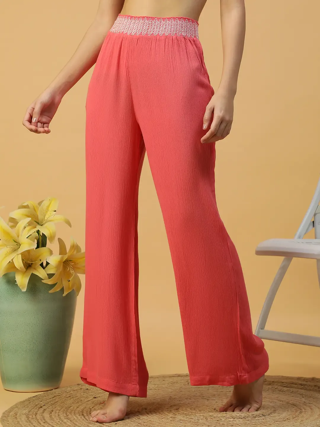 Women Red Elasticated Long Beachwear Relaxed Pant - Image 4