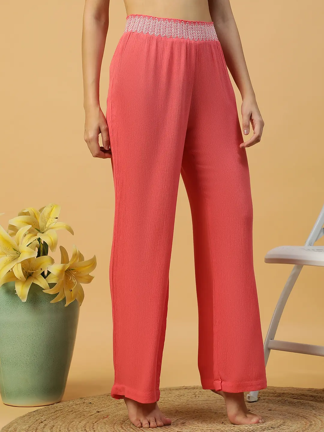 Women Red Elasticated Long Beachwear Relaxed Pant - Image 5