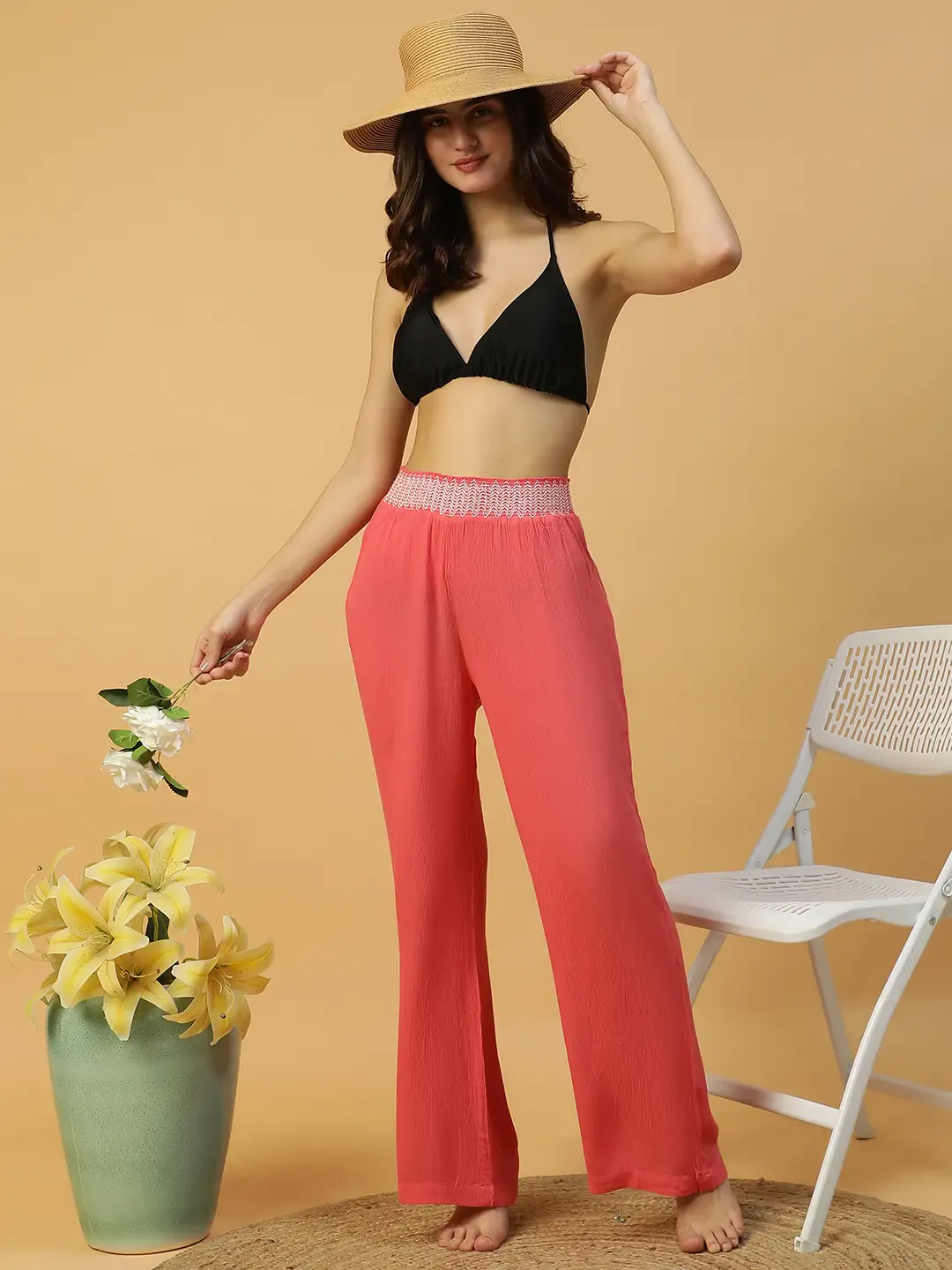 Women Red Elasticated Long Beachwear Relaxed Pant - Image 7