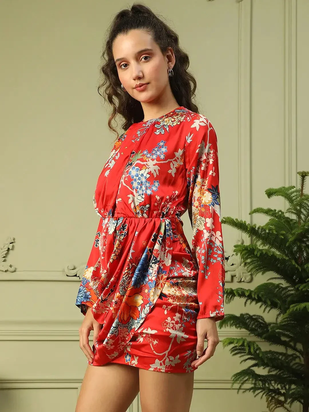 Women Red Floral Round Neck Long Sleeve Cut-out Above Knee-Length Satin Dress With Gathered Detail - Image 3