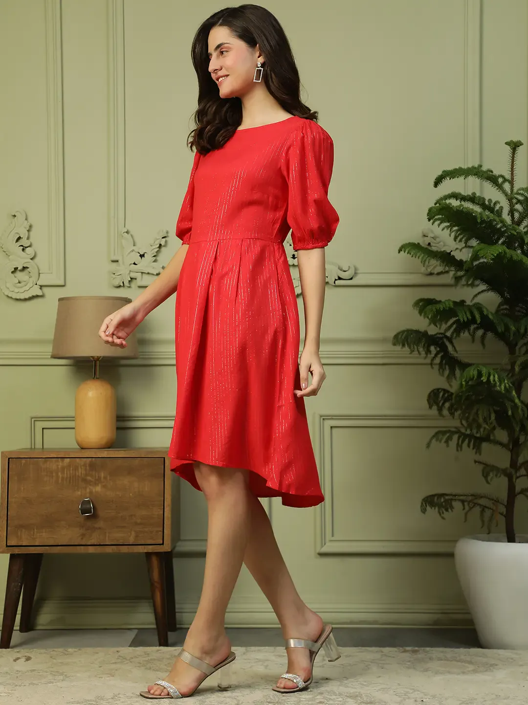 Women Red Glittery Short Sleeve Cotton Dress - Image 4