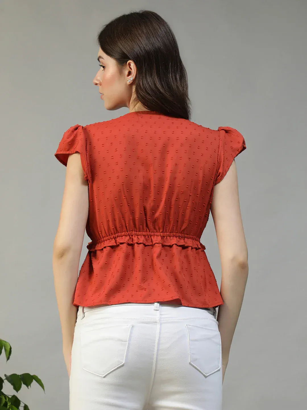 Women Red V-Neck Short Petal Sleeve Dobby Weave Top With Ruffle Detail - Image 6