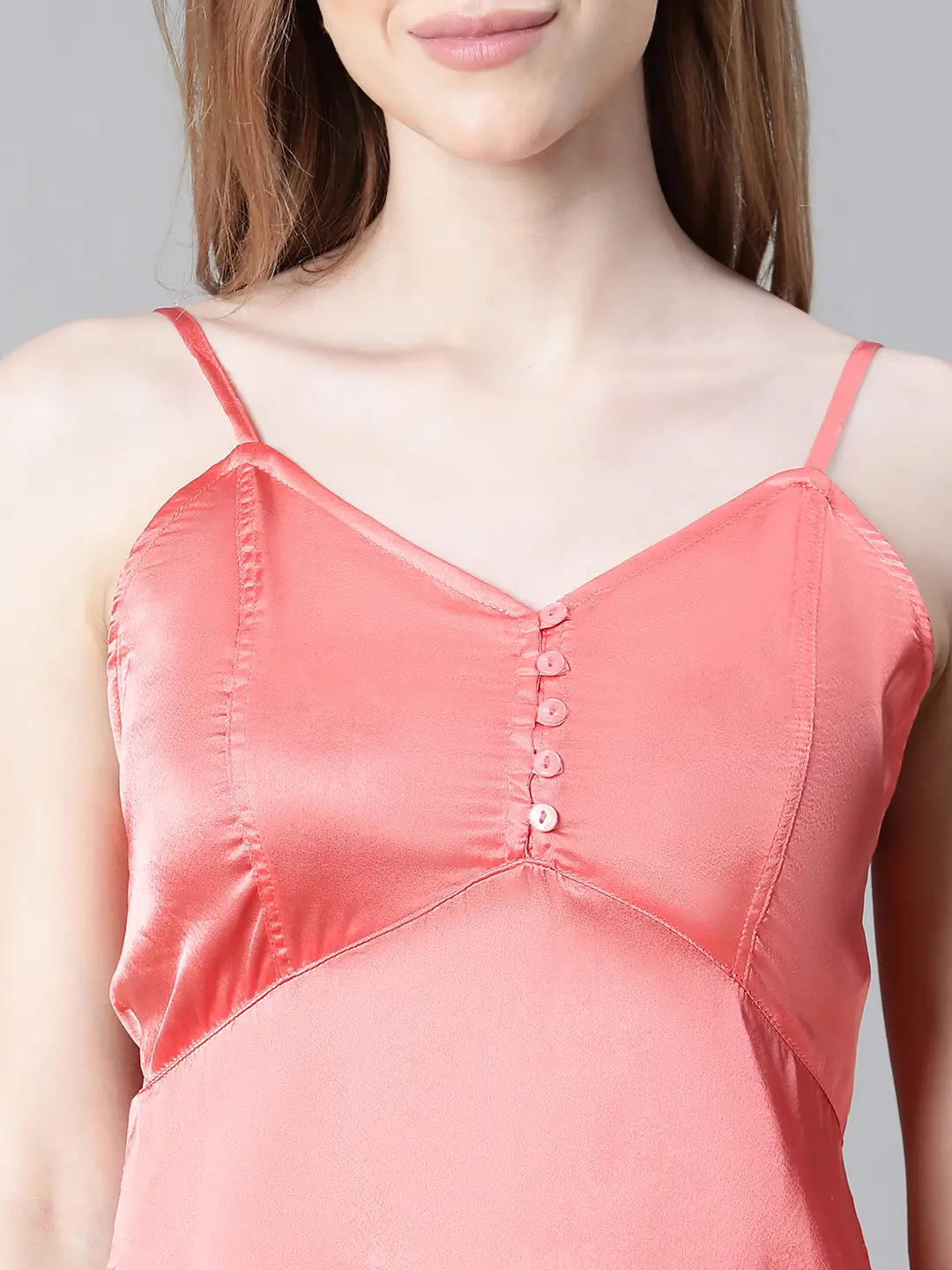 Women Red V-Neck Shoulder Strap Sleeveless Nightwear Satin Dress - Image 6