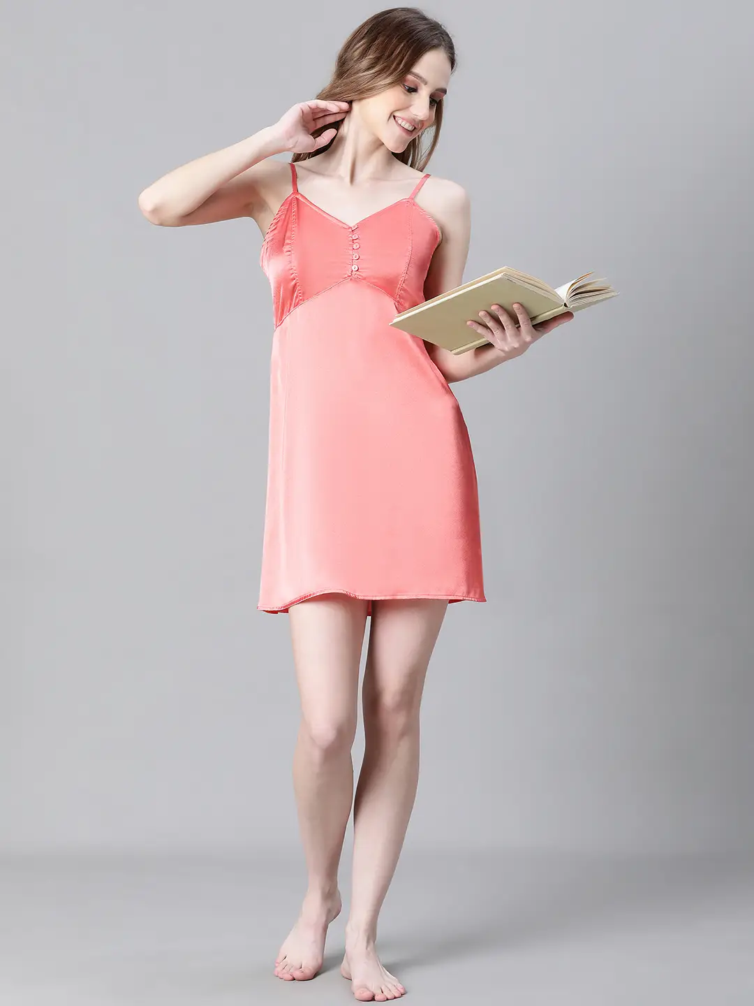 Women Red V-Neck Shoulder Strap Sleeveless Nightwear Satin Dress - Image 8