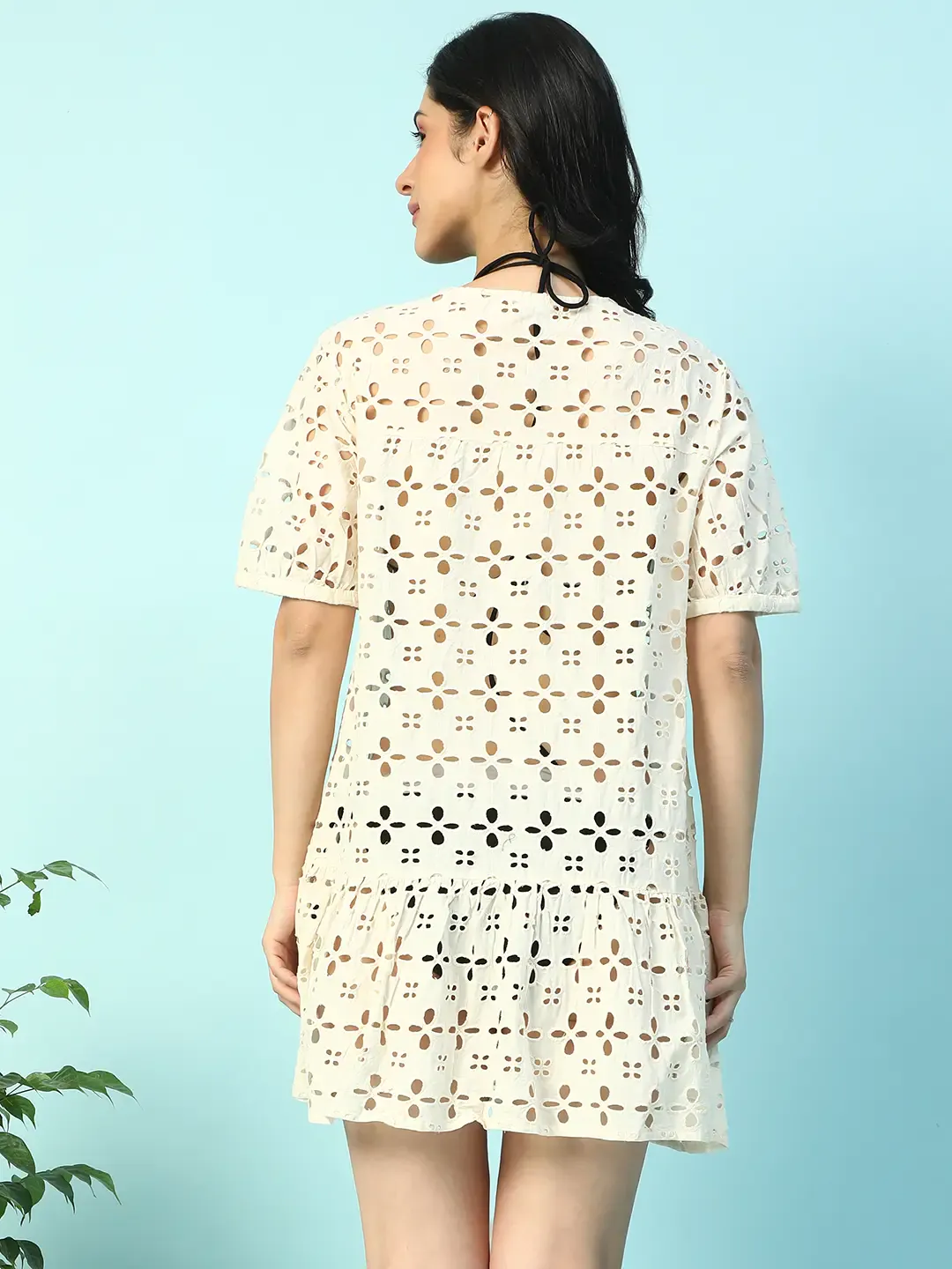 Women’s Beige Cotton Schiffli Above-Knee Beachwear Dress - Image 6