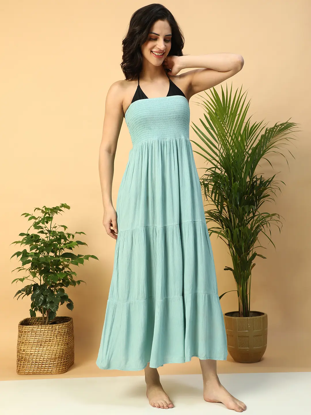 Women’s Light Blue Off-Shoulder Smocked Long Beachwear Dress - Image 4