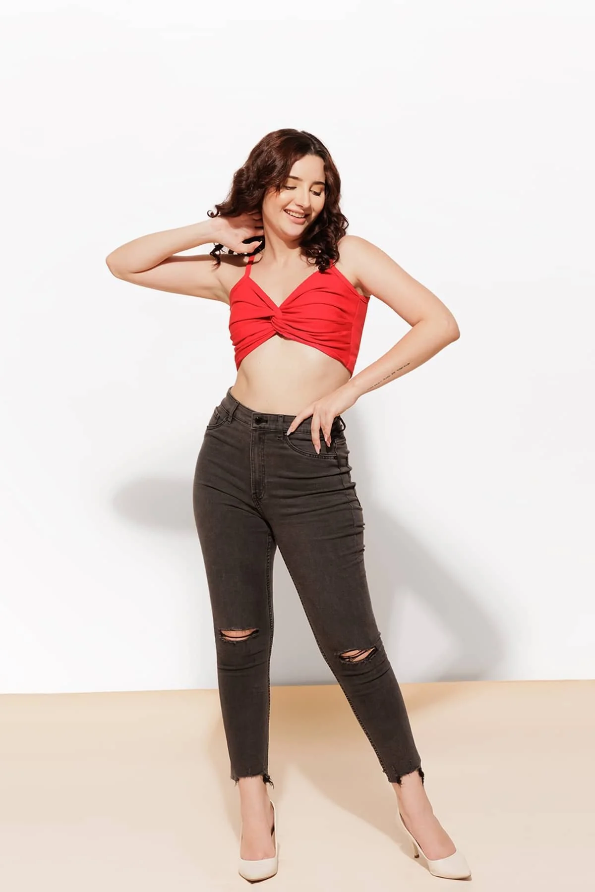 Women’s Red Twist Cotton Crop Top – Modern Fit - Image 5