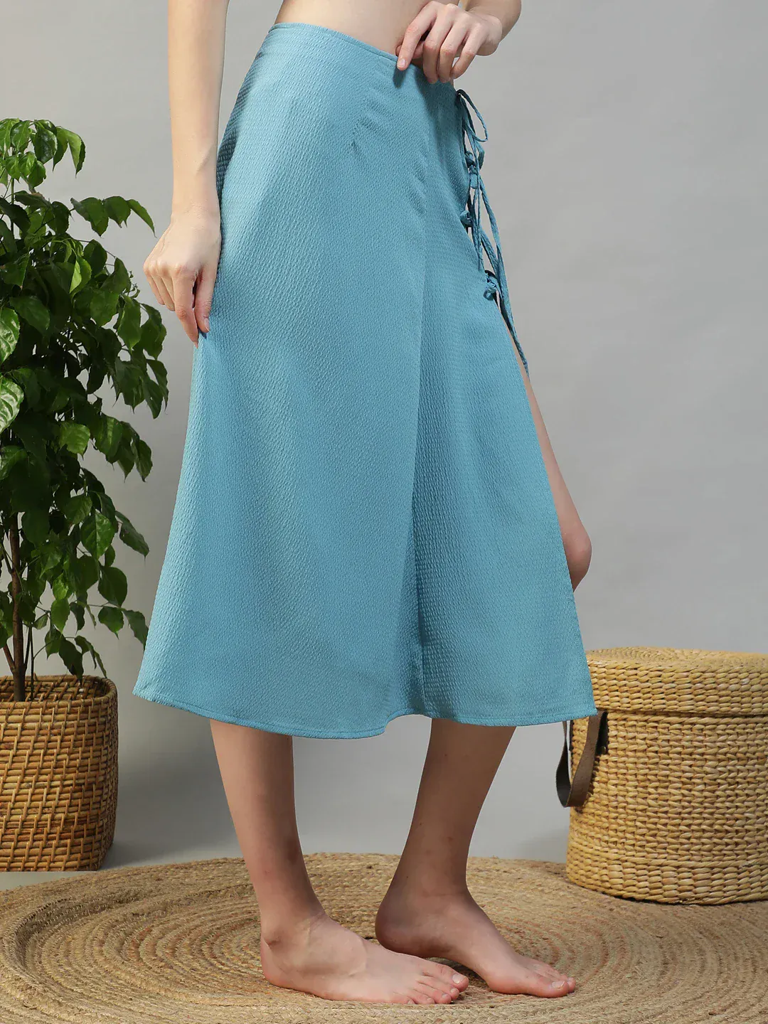 Women Sky Blue Elasticated Beachwear Skirt With Tie Up - Image 6
