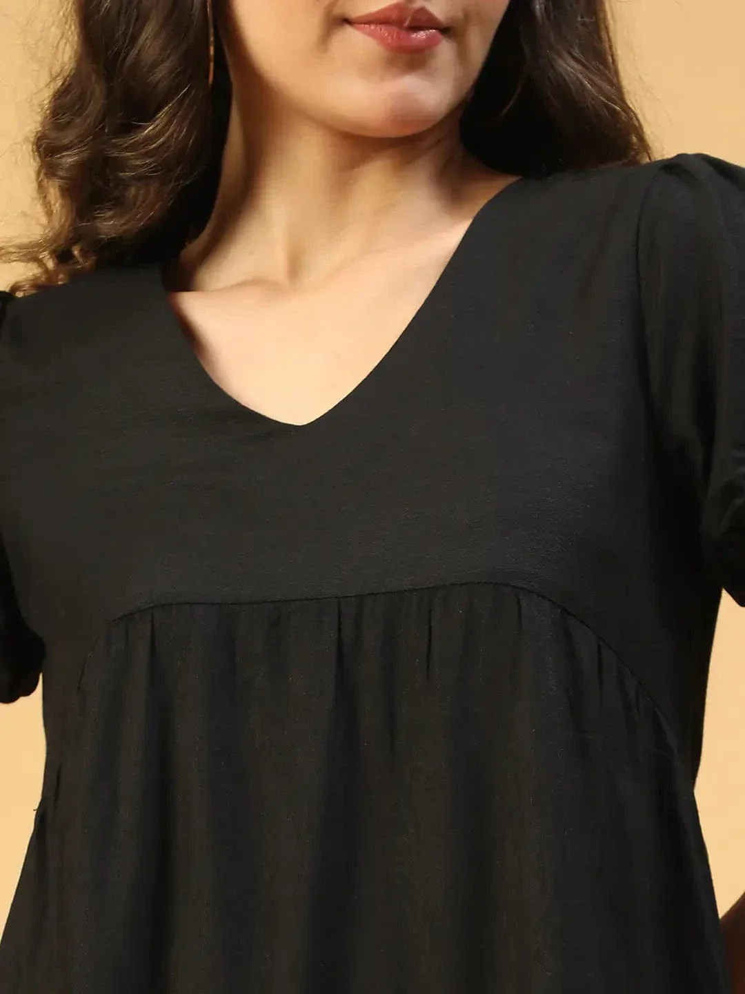 Women Soild Black V-Neck Short Sleeve High-Low Hem Cotton Dress - Image 7