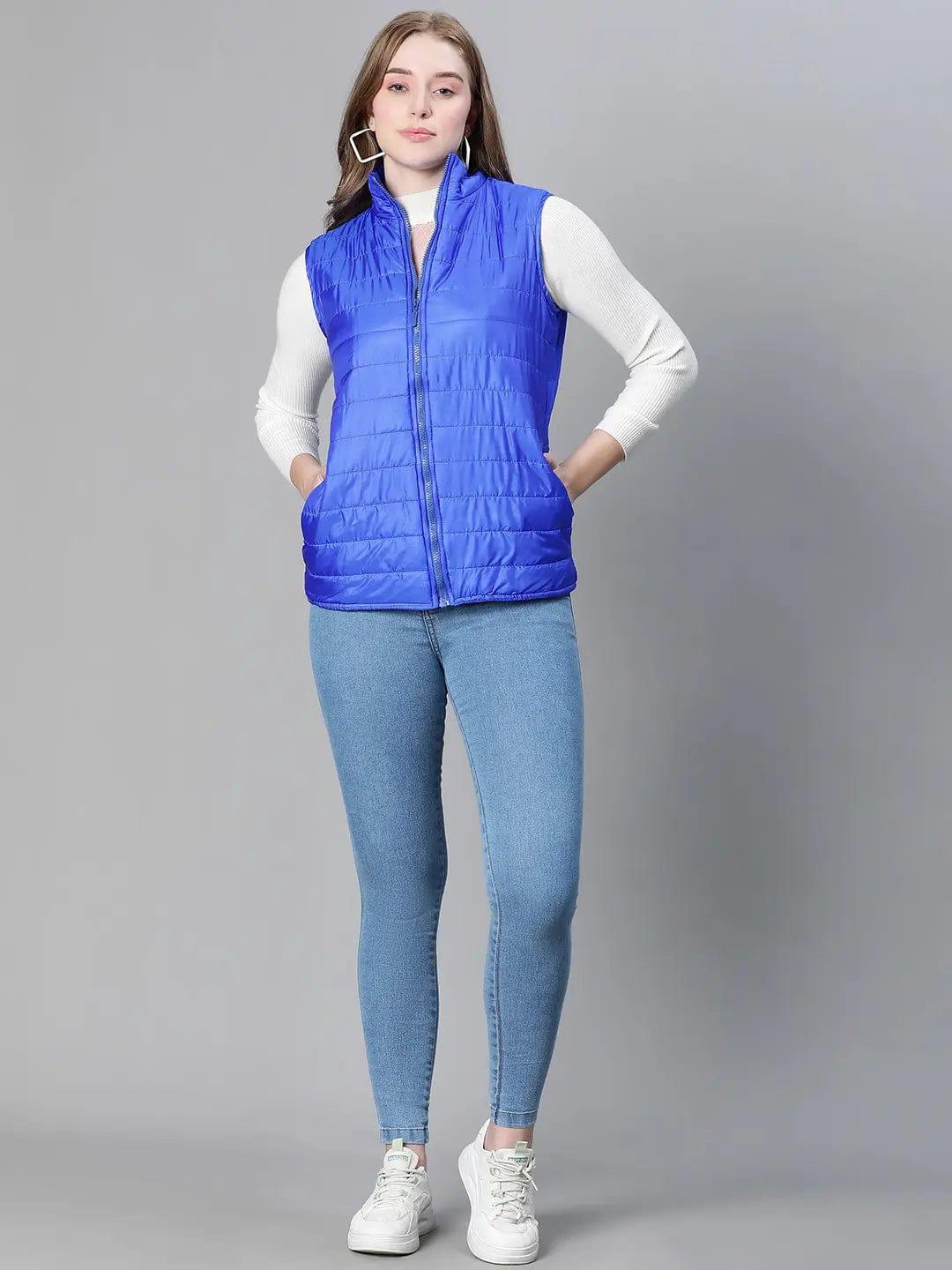 Women Soild Blue High Neck Zipped Sleevless Jacket - Image 2