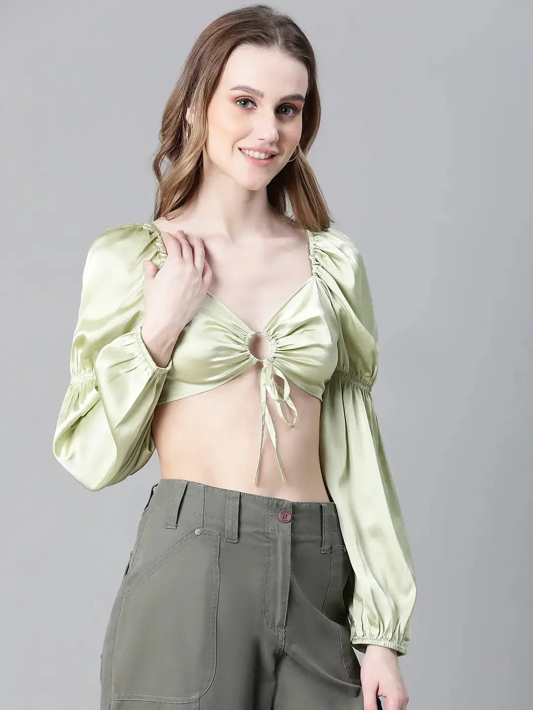 Women Soild Green V-Neck Ring With Tie-Up Detailed Satin Crop Top - Image 4