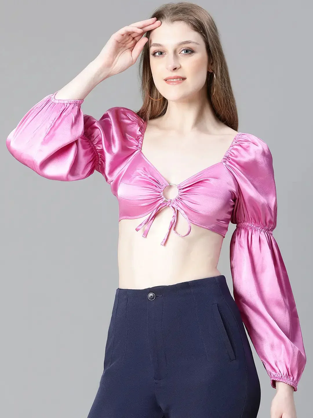 Women Soild Pink V-Neck Ring With Tie-Up Detailed Satin Crop Top - Image 3