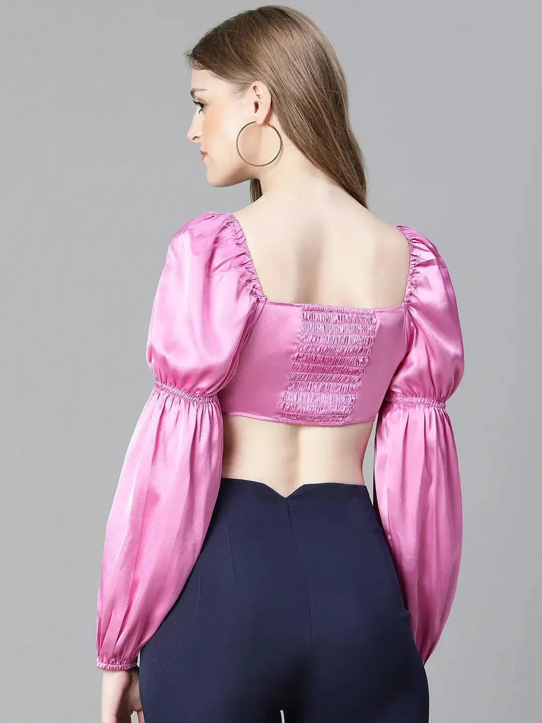 Women Soild Pink V-Neck Ring With Tie-Up Detailed Satin Crop Top - Image 5
