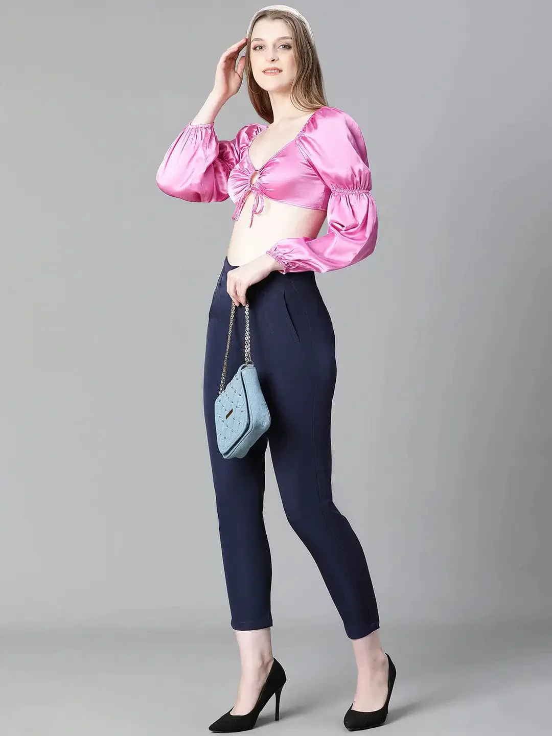 Women Soild Pink V-Neck Ring With Tie-Up Detailed Satin Crop Top - Image 7