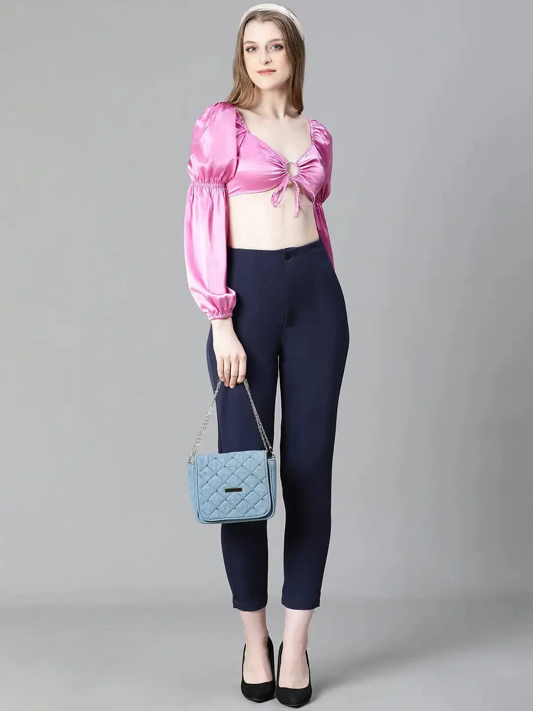 Women Soild Pink V-Neck Ring With Tie-Up Detailed Satin Crop Top - Image 8