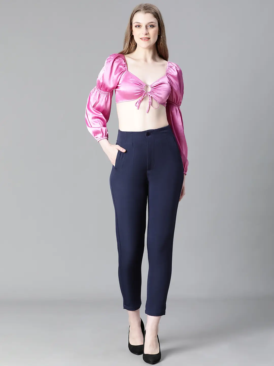 Women Soild Pink V-Neck Ring With Tie-Up Detailed Satin Crop Top - Image 2