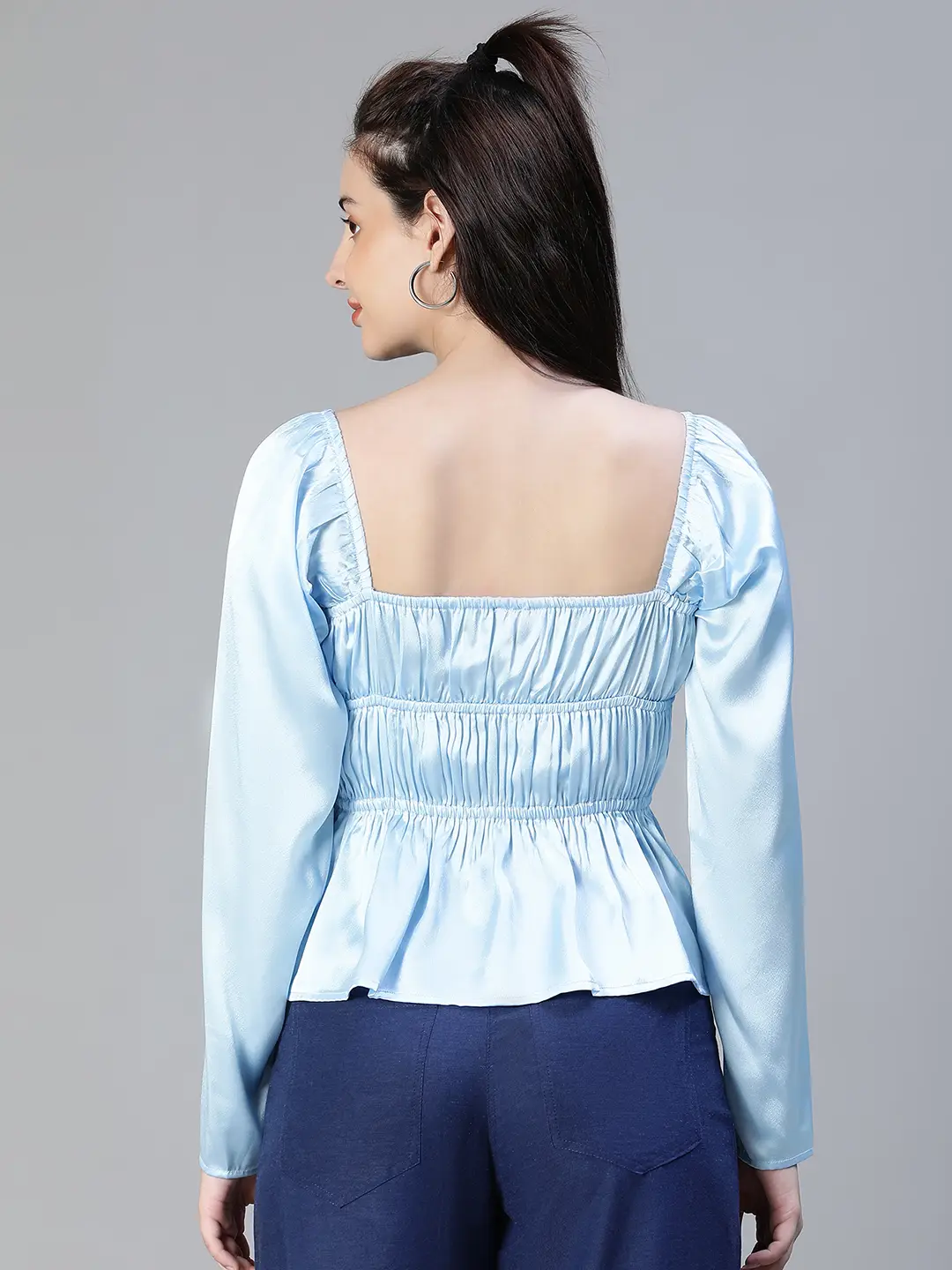 Women Soild Satin Blue Elasticated Round Neck Short Sleeve Top - Image 5