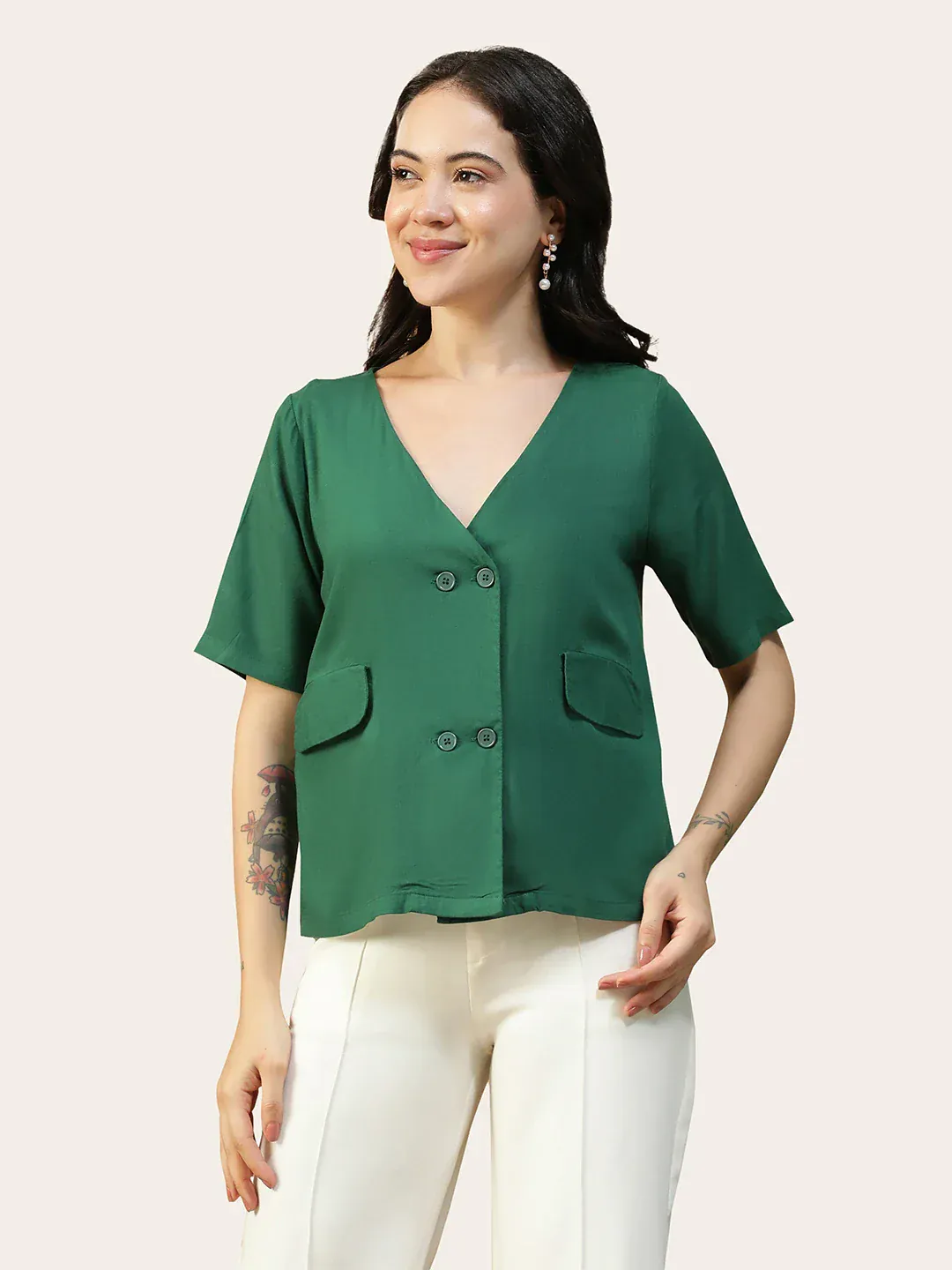 Women Solid Green V-Neck Button Down Top With Front Pockets - Image 8