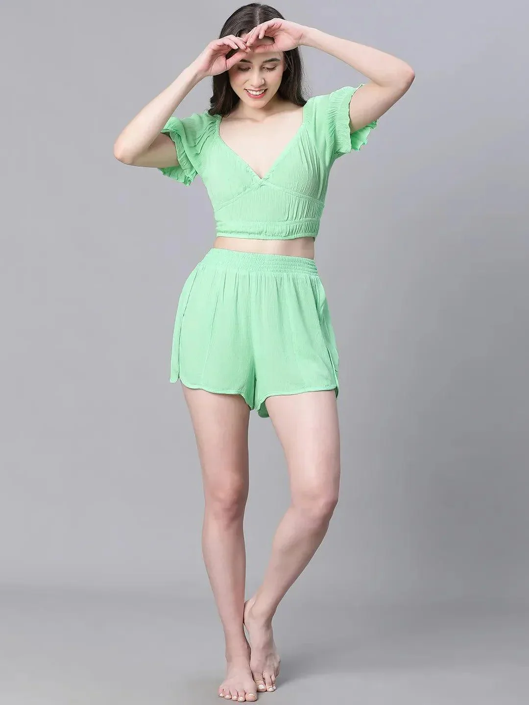 Women Solid Green V-Neck Elasticated Nightwear Crop Women Top - Image 2