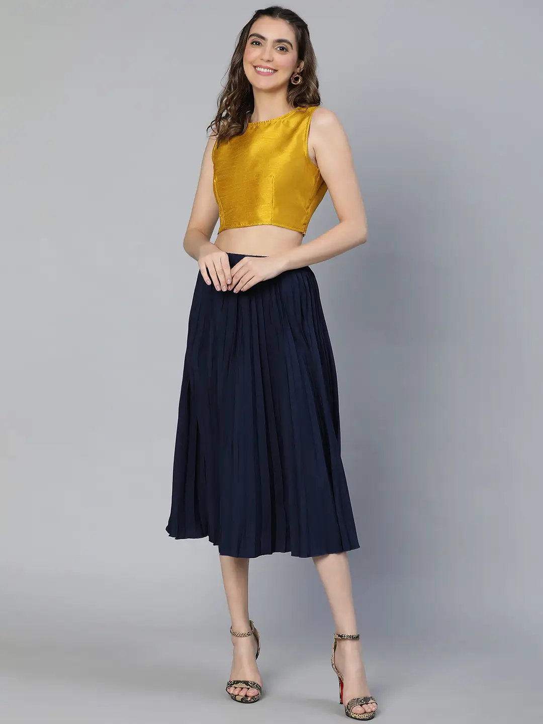 Women Solid Navy Blue Pleated & Elasticated  Polyester Skirt - Image 2