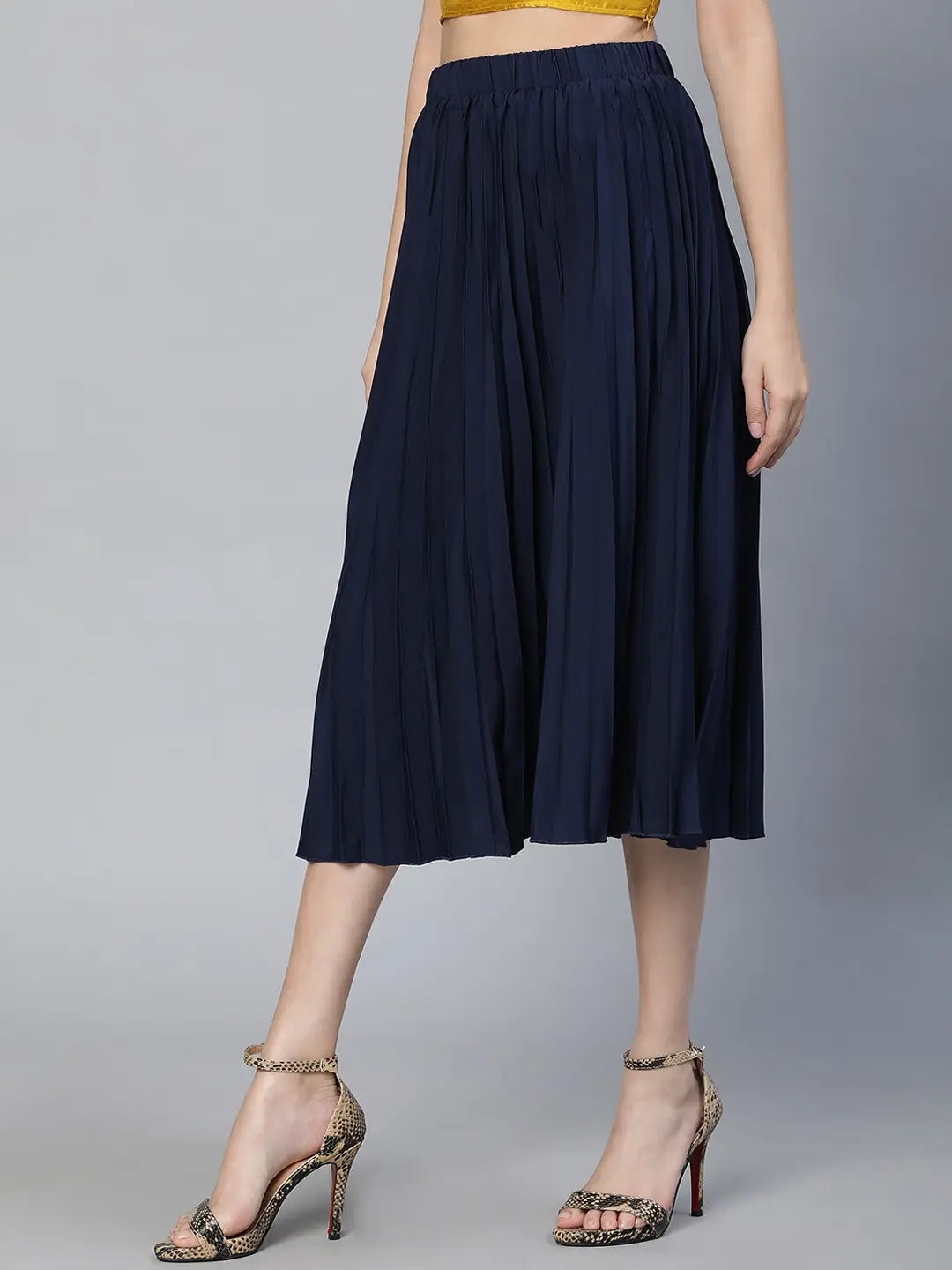 Women Solid Navy Blue Pleated & Elasticated  Polyester Skirt - Image 3