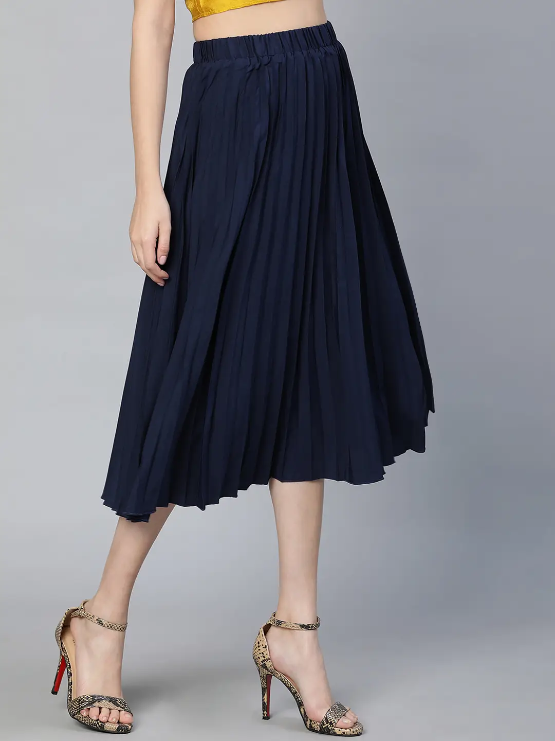 Women Solid Navy Blue Pleated & Elasticated  Polyester Skirt - Image 4