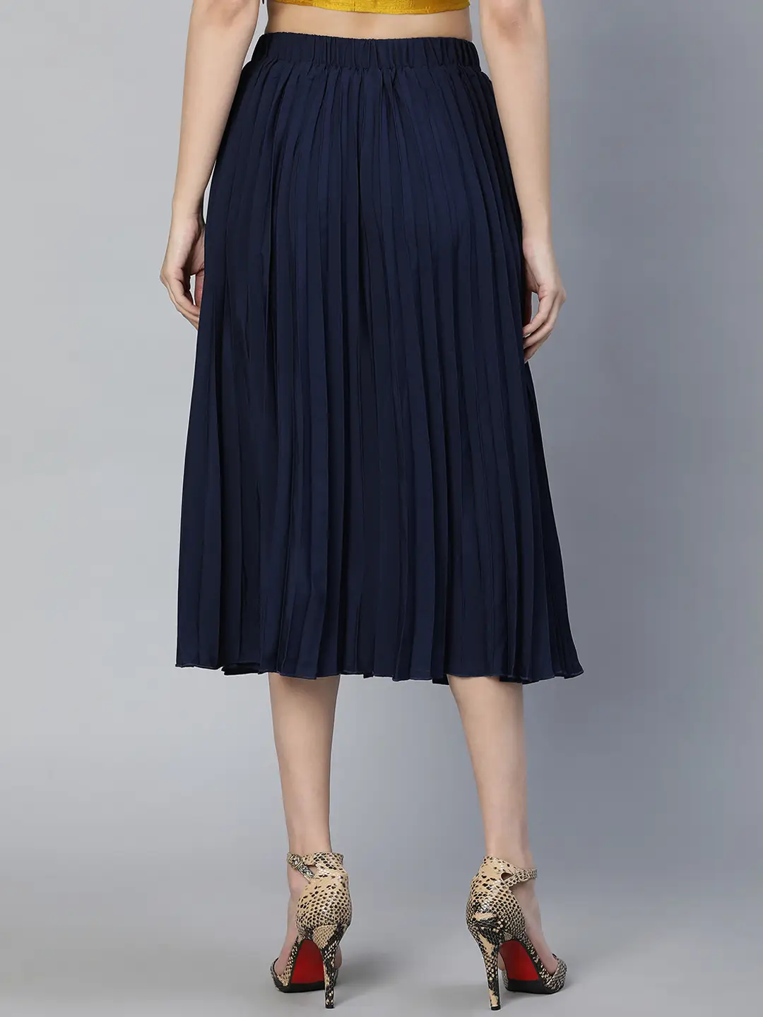 Women Solid Navy Blue Pleated & Elasticated  Polyester Skirt - Image 5