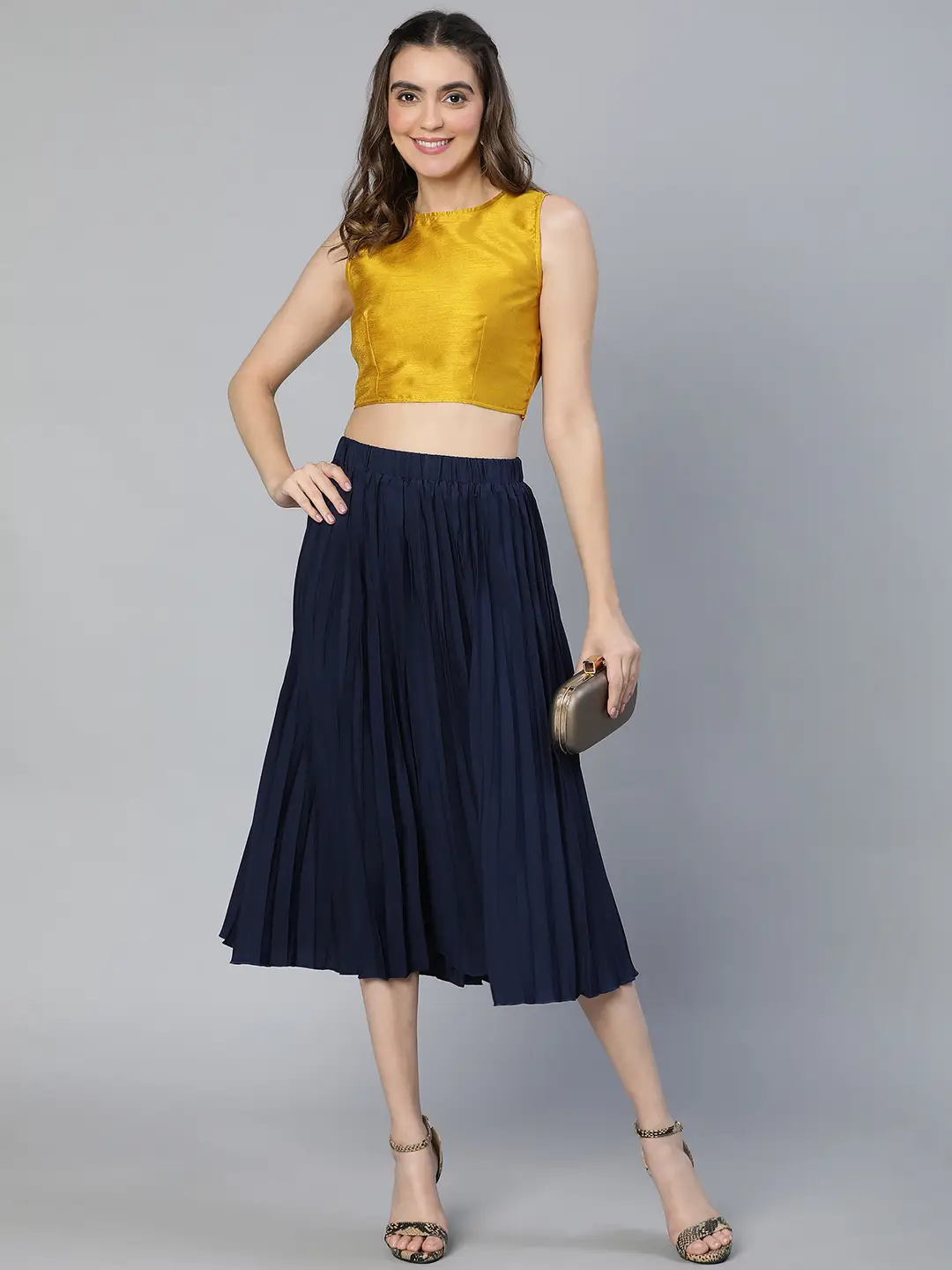 Women Solid Navy Blue Pleated & Elasticated  Polyester Skirt - Image 7