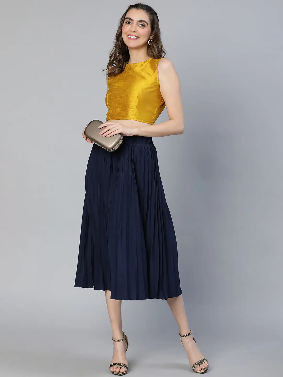 Women Solid Navy Blue Pleated & Elasticated  Polyester Skirt - Image 8