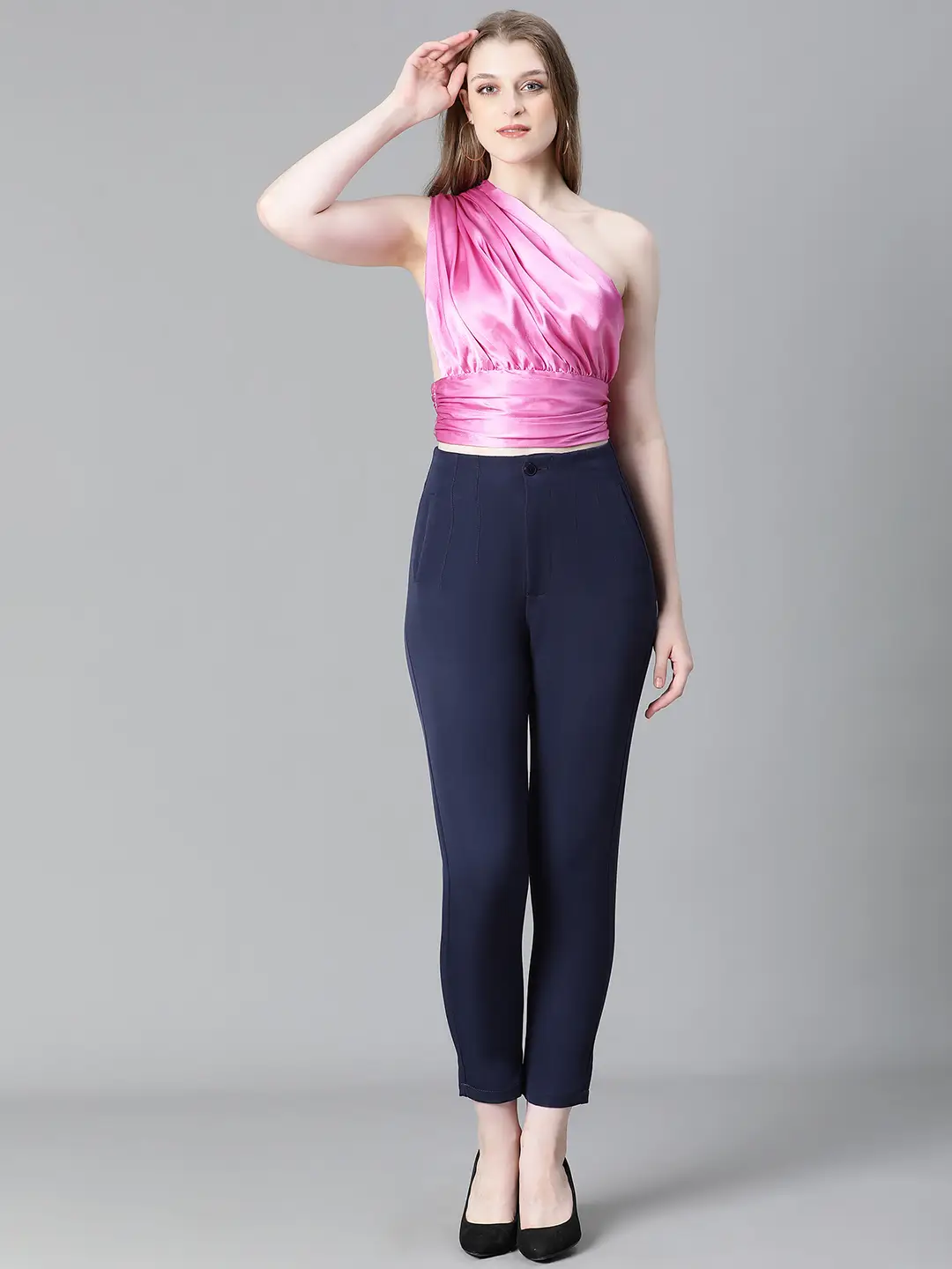 Women Solid Purple Elasticated One-Off Shoulder Partywear Satin Crop Top - Image 2